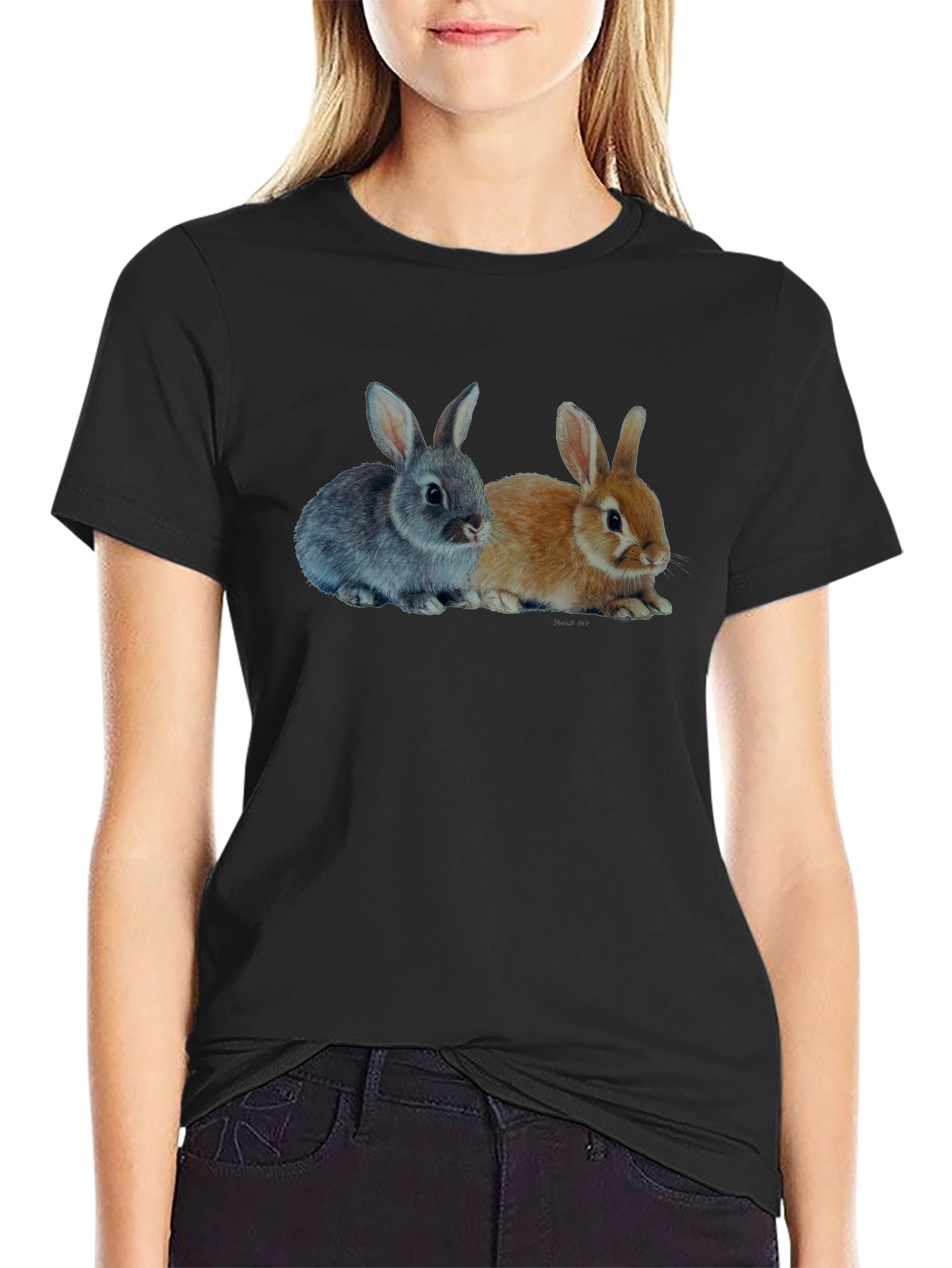 Black Cute Bunny Rabbits Graphic Print Black T-Shirt view 2