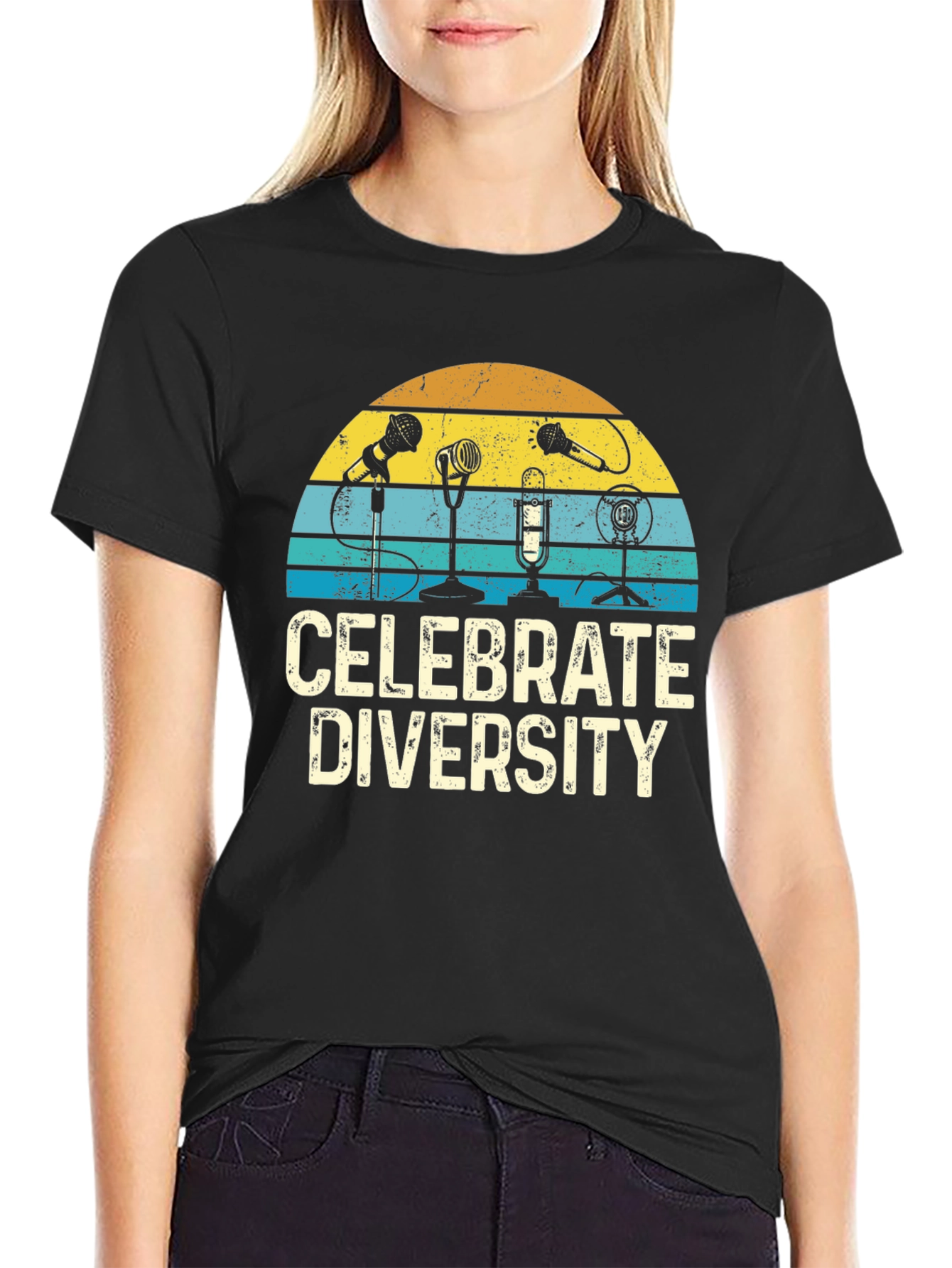 Black Celebrate Diversity T-Shirt: Vintage Microphone Graphic Tee view 2