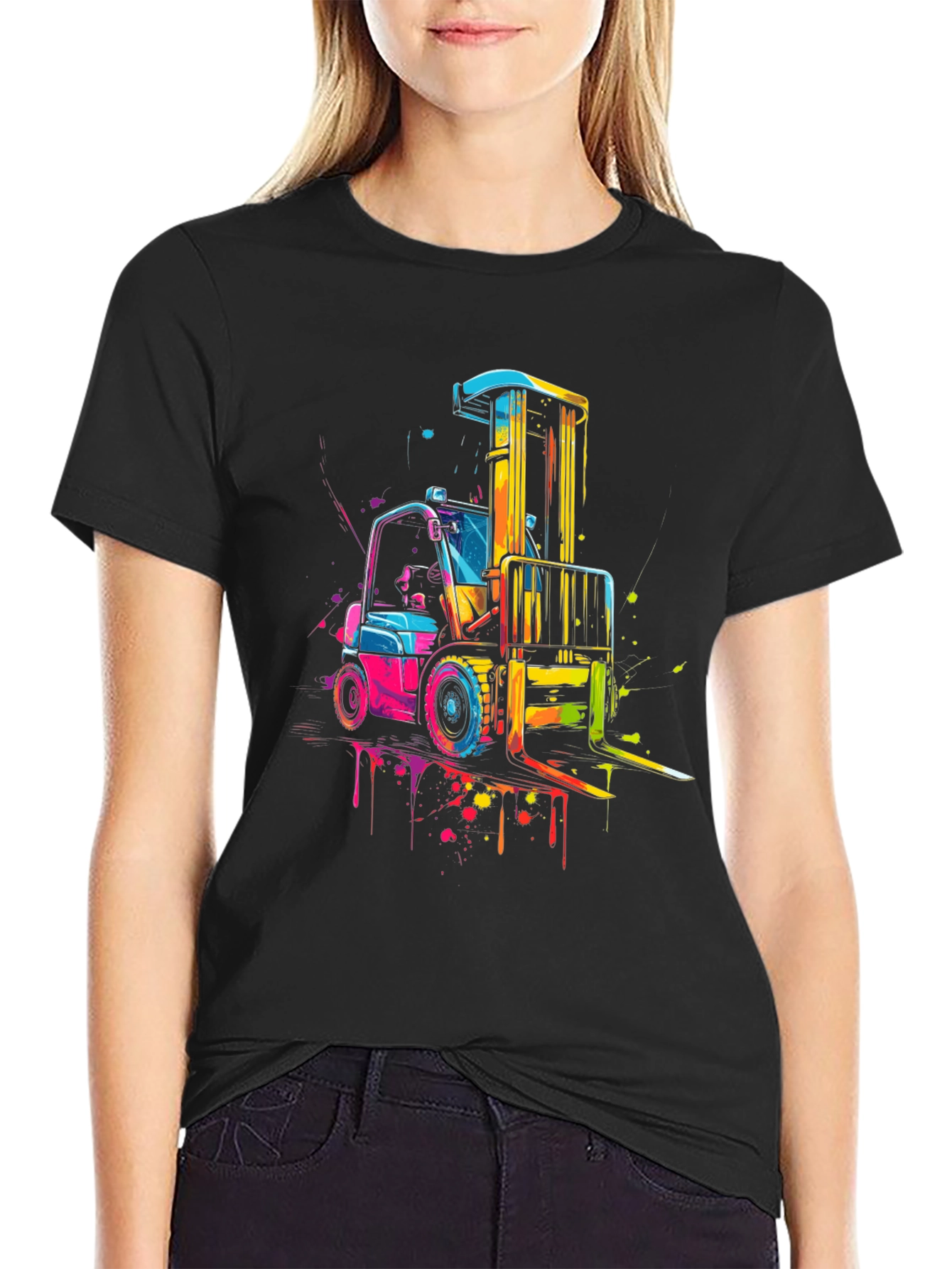 Black Forklift Graphic Tee - Colorful Construction Shirt view 2
