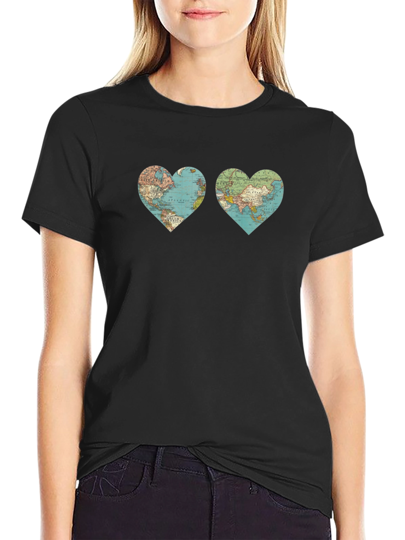 Black World Map Heart Graphic T-Shirt view 2