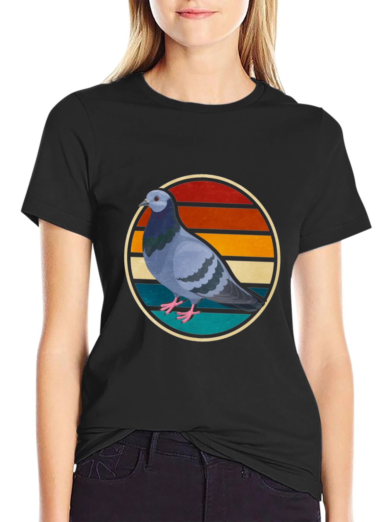 Black Retro Pigeon Graphic Tee - Cool Bird Lover Shirt view 2
