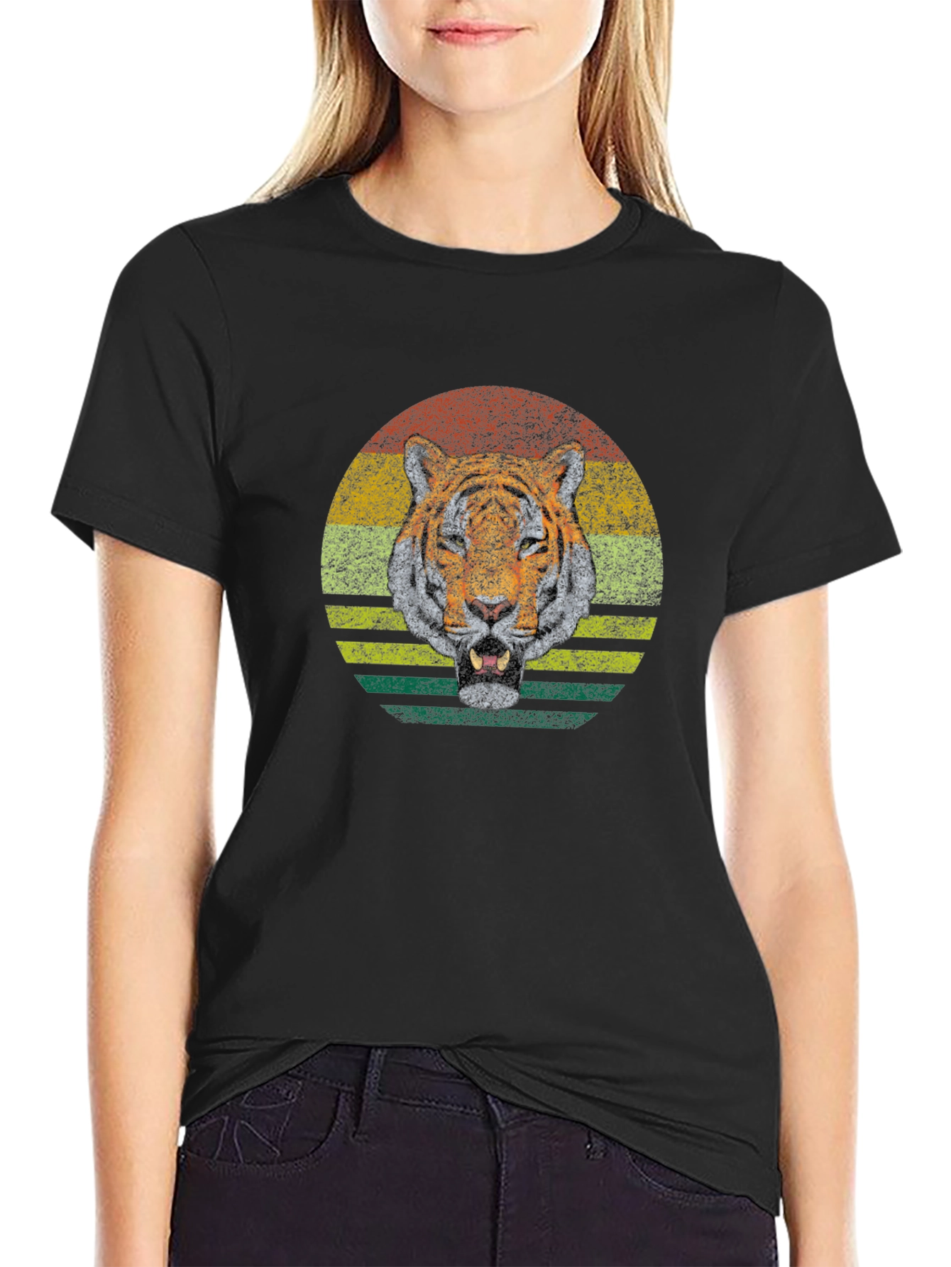 Black Retro Tiger Graphic Tee - Classic Crew Neck view 2
