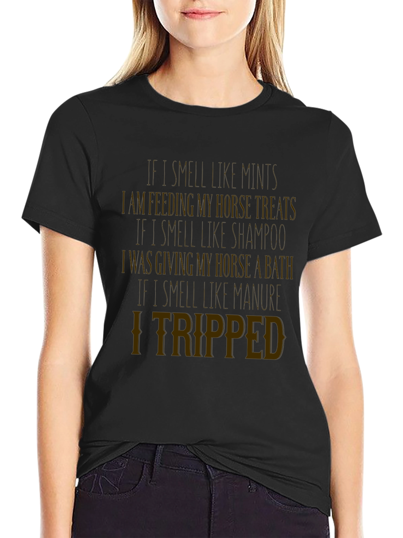 Black Funny Horse Lover T-Shirt: Tripped Manure Tee view 2