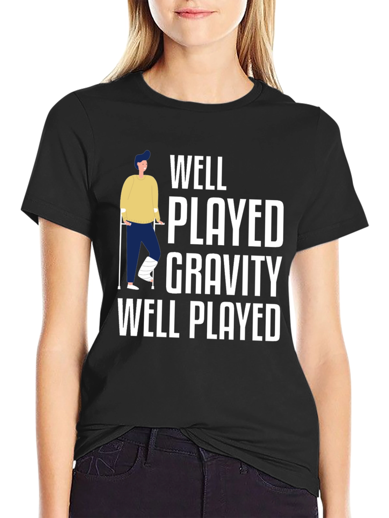 Black Well Played Gravity Funny Injury T-Shirt view 2