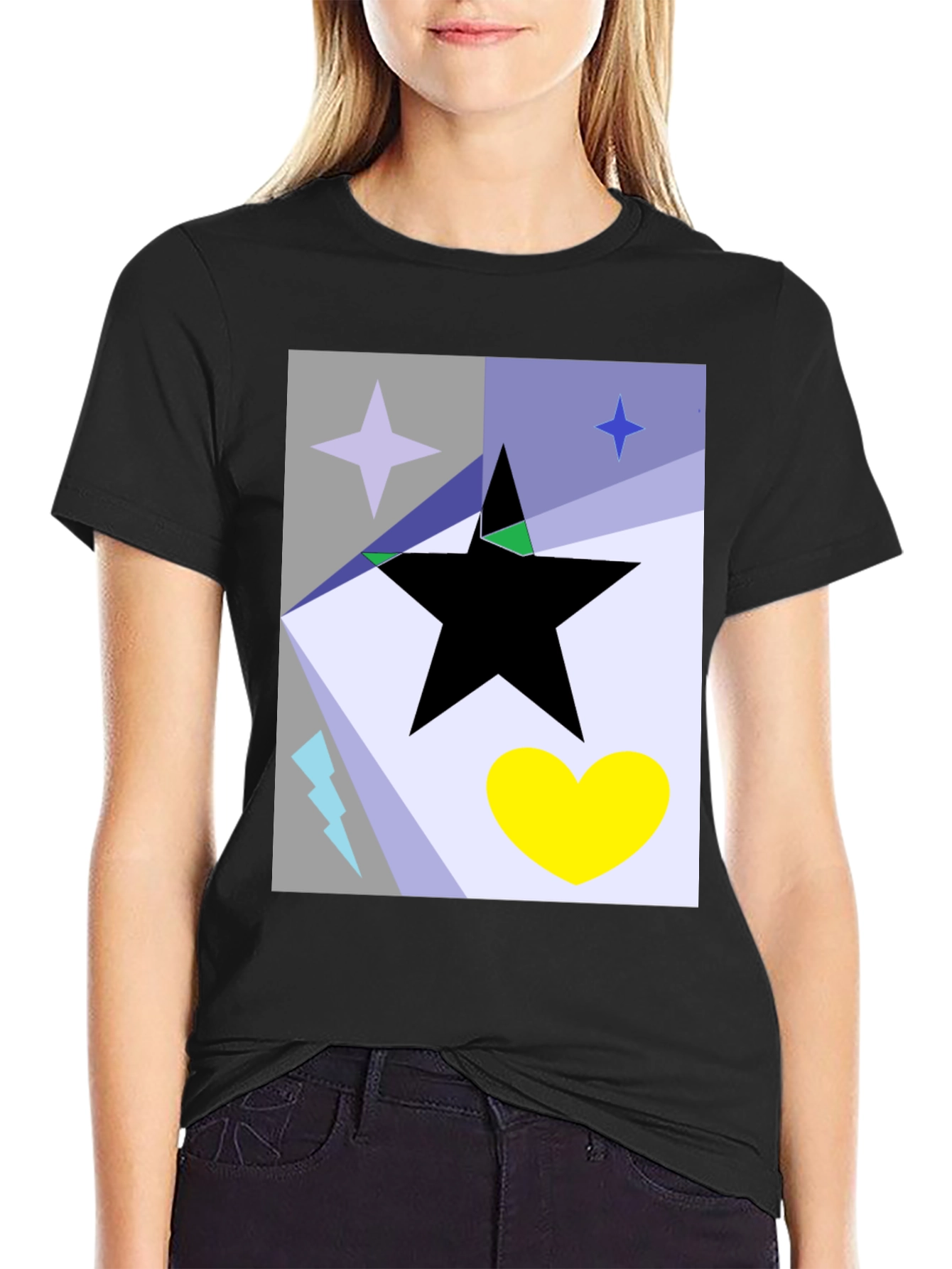 Black Abstract Star Heart Graphic Tee - Black Cotton T-Shirt view 2