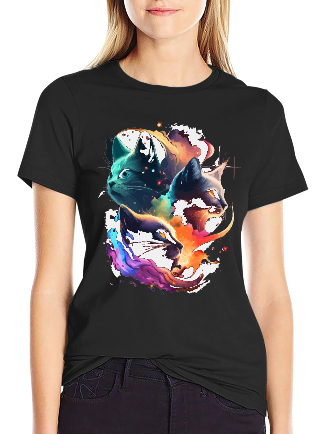 Black Abstract Cat Head Graphic Print Tee view 2