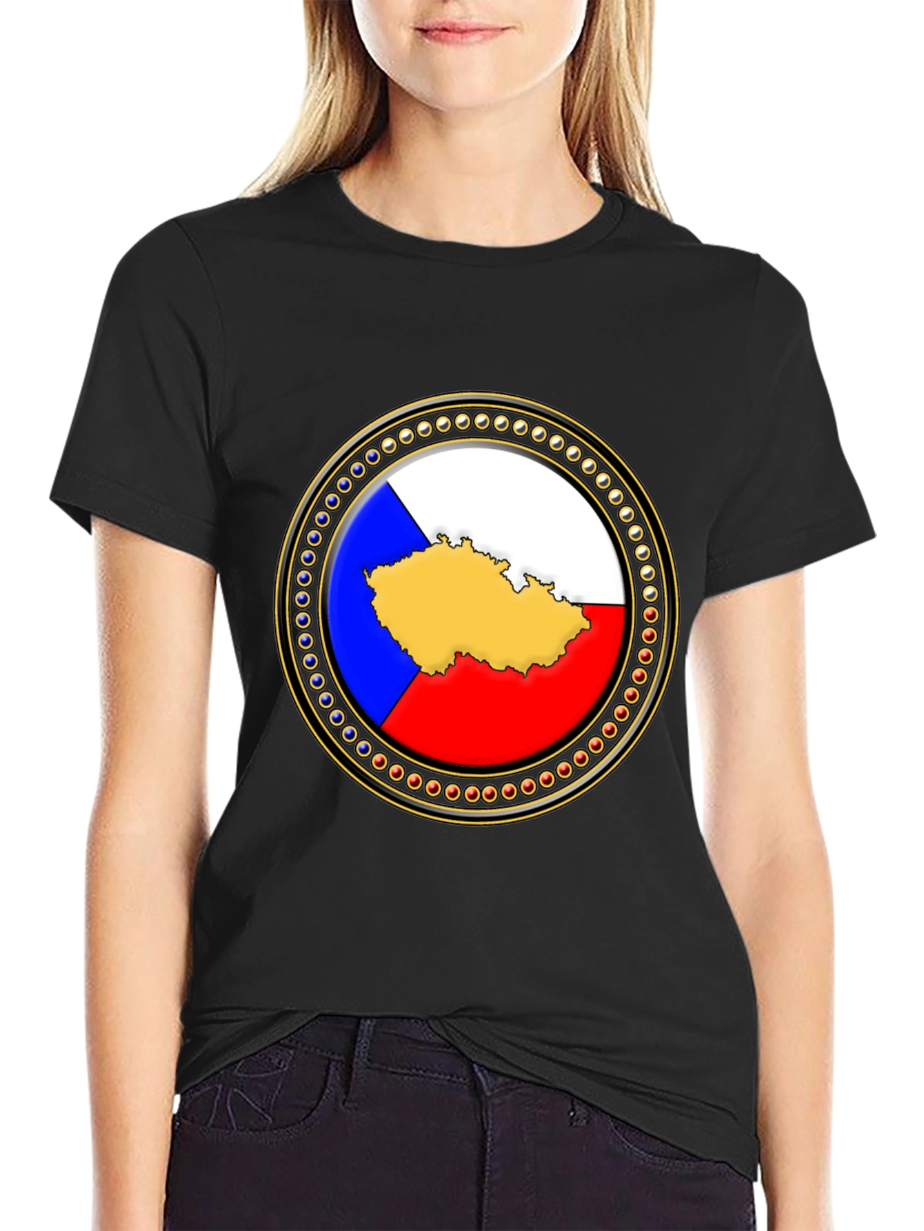 Czech Republic Flag Map T-Shirt - Black Cotton Tee - 2