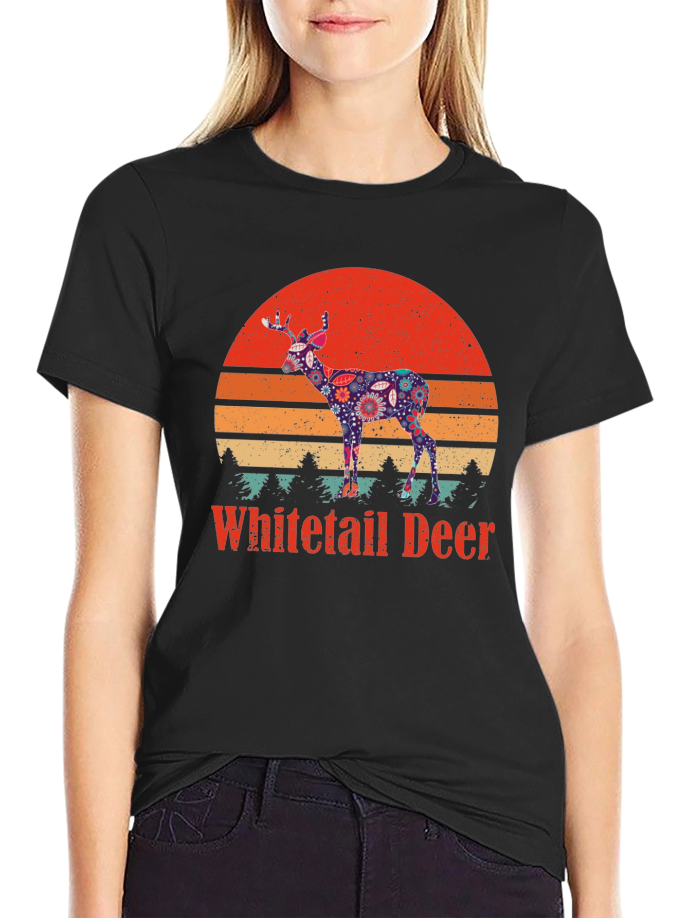 Black Vintage Whitetail Deer Graphic T-Shirt view 2