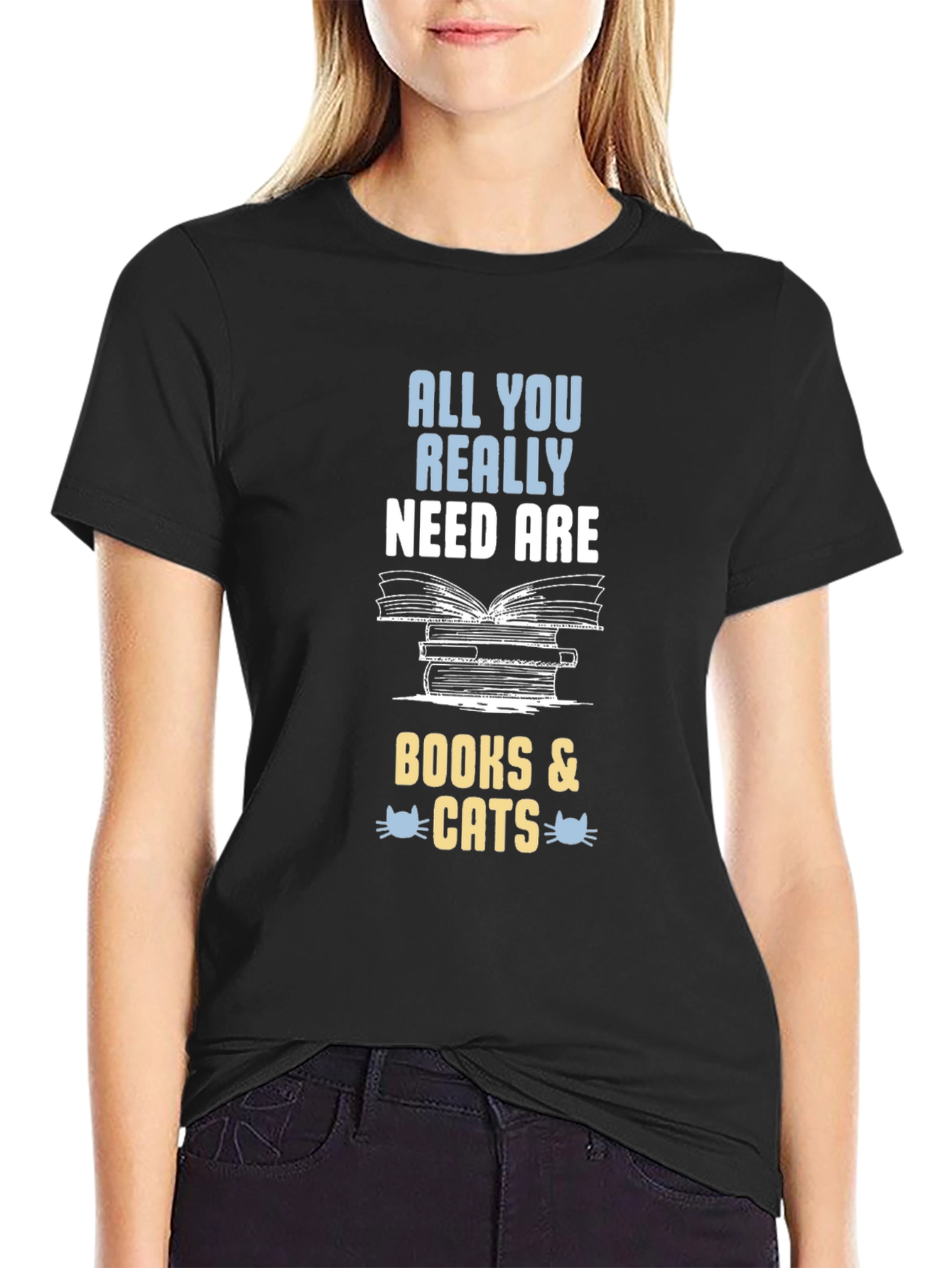 Black All You Need Is Books & Cats T-Shirt view 2