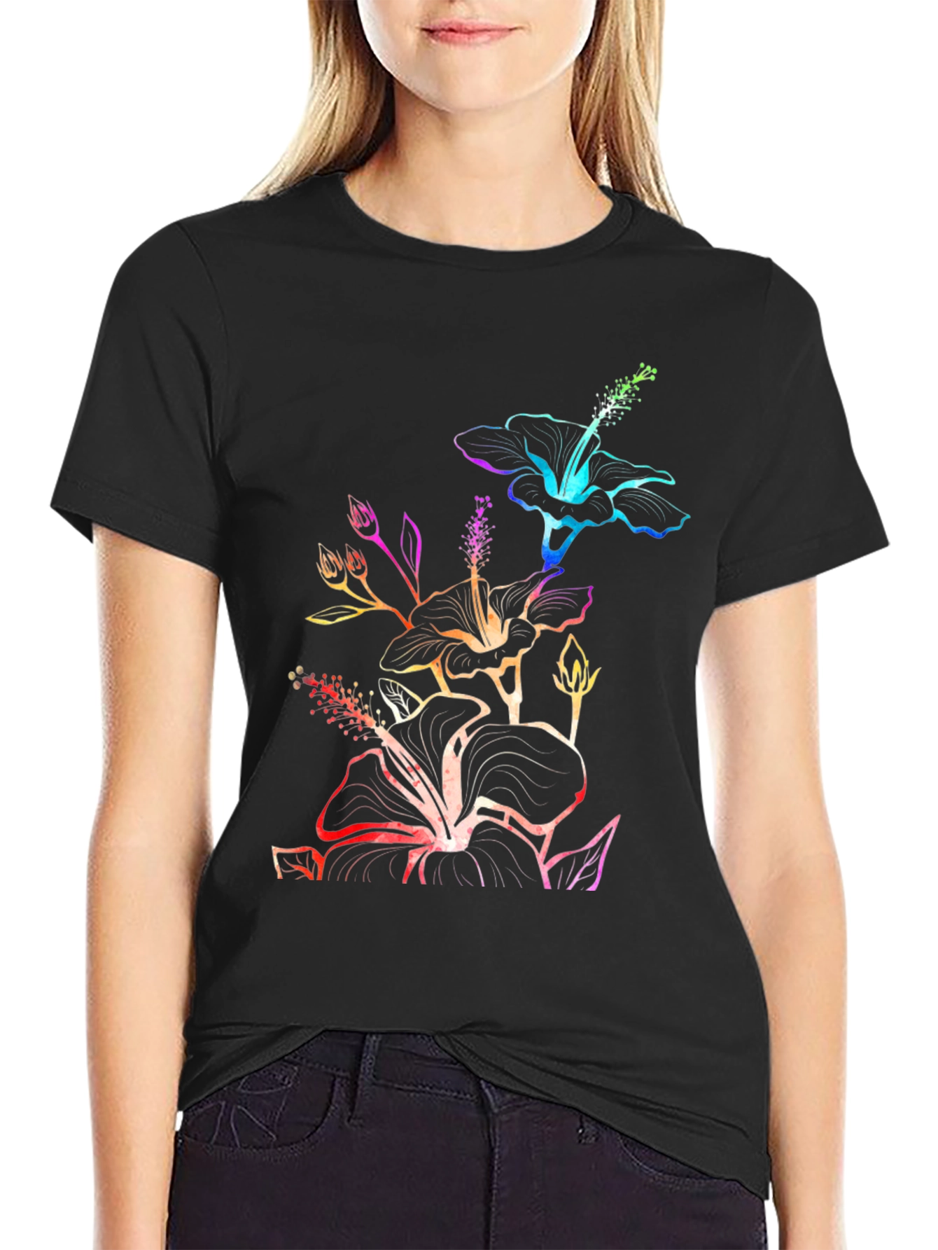 Black Rainbow Hibiscus Black T-Shirt view 2