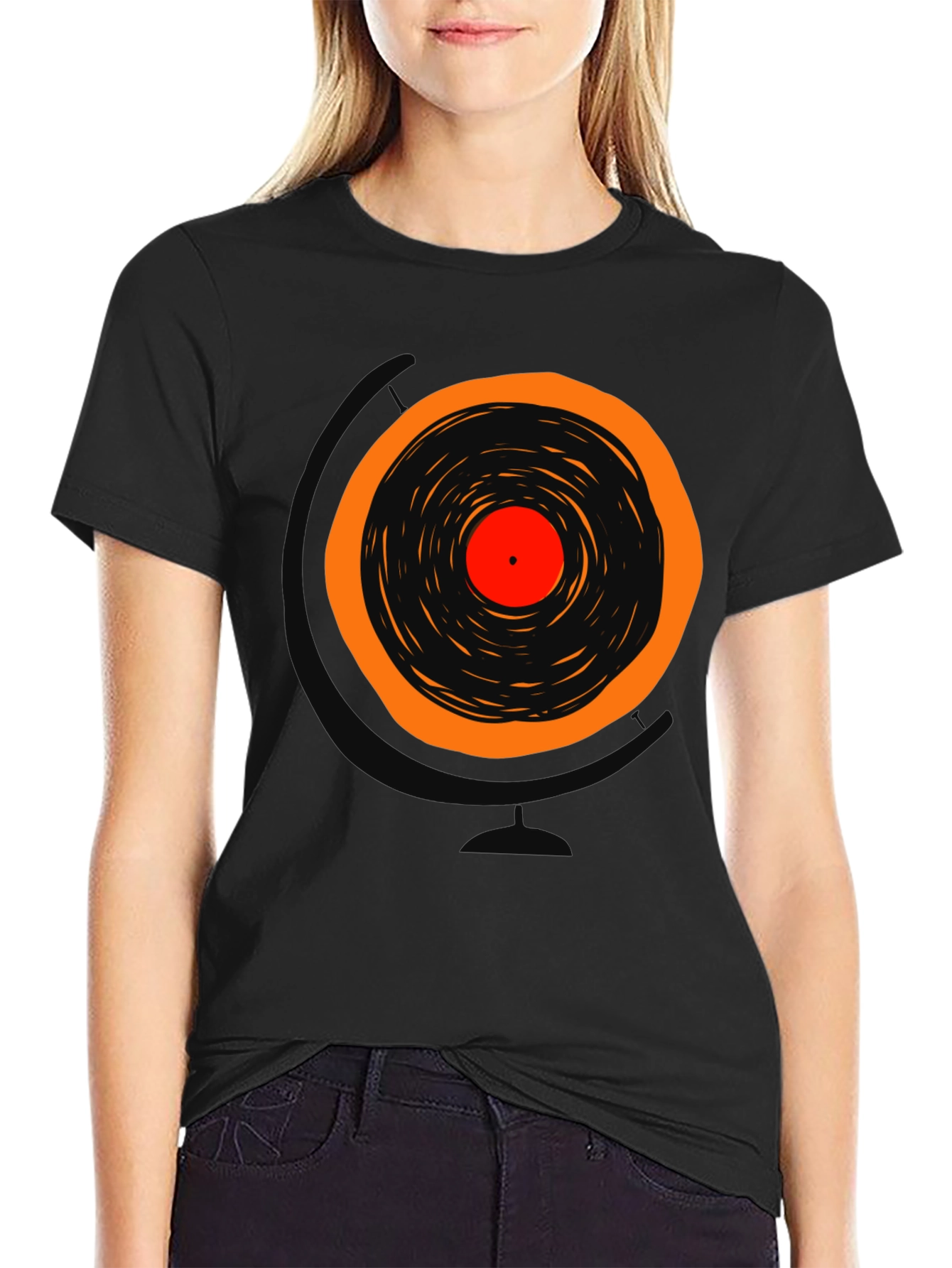 Black Retro Vinyl Record Graphic T-Shirt view 2