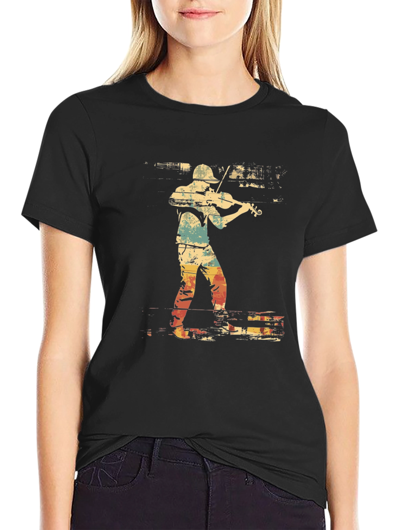 Black Violinist Graphic Tee - Retro Style Music Shirt view 2