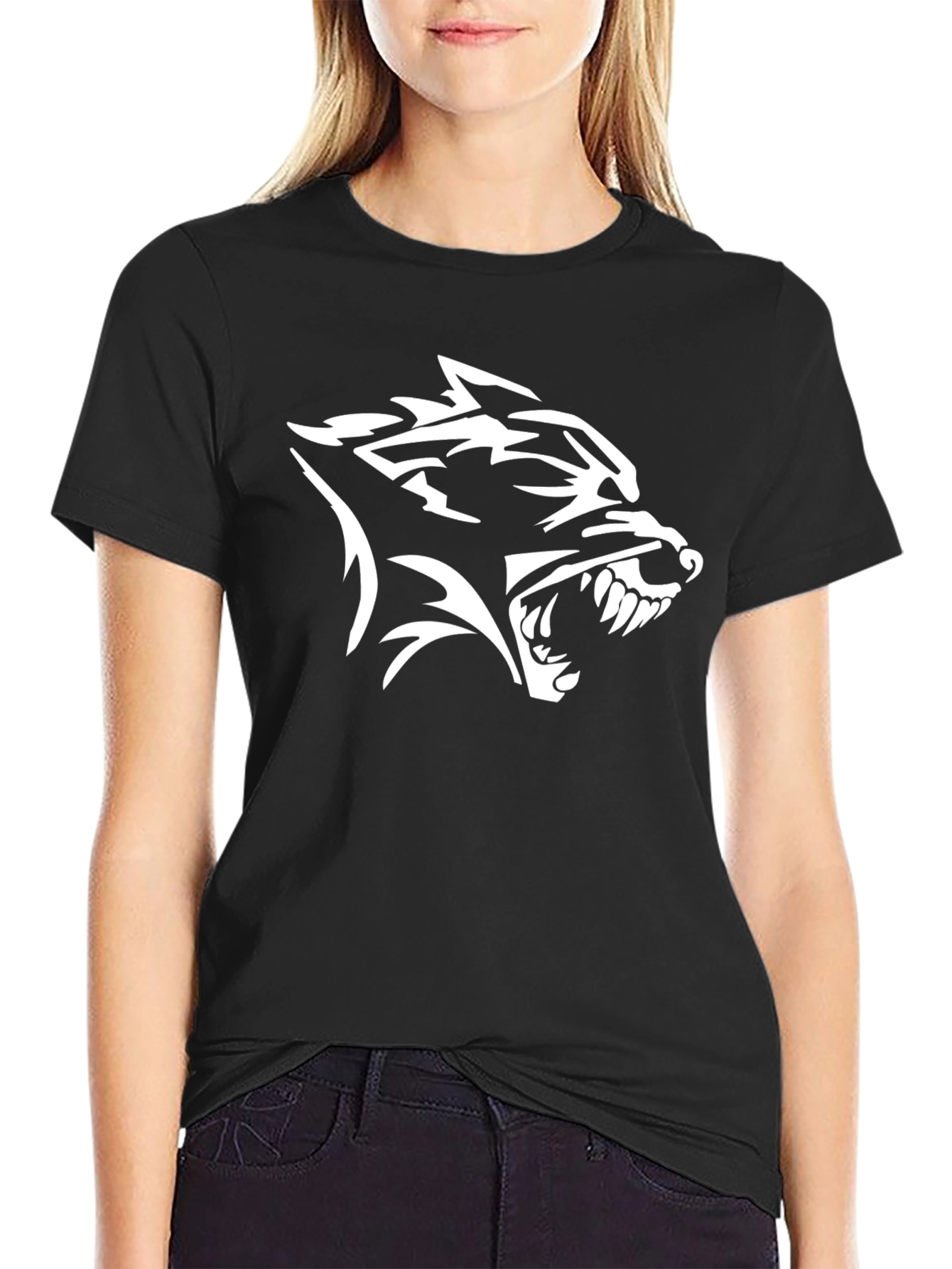 Black Black T-Shirt with White Wolf Head Graphic Print view 2
