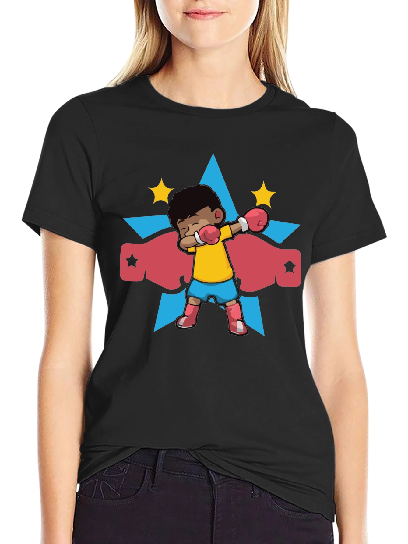 Black Cartoon Boxer Kid Graphic T-Shirt view 2