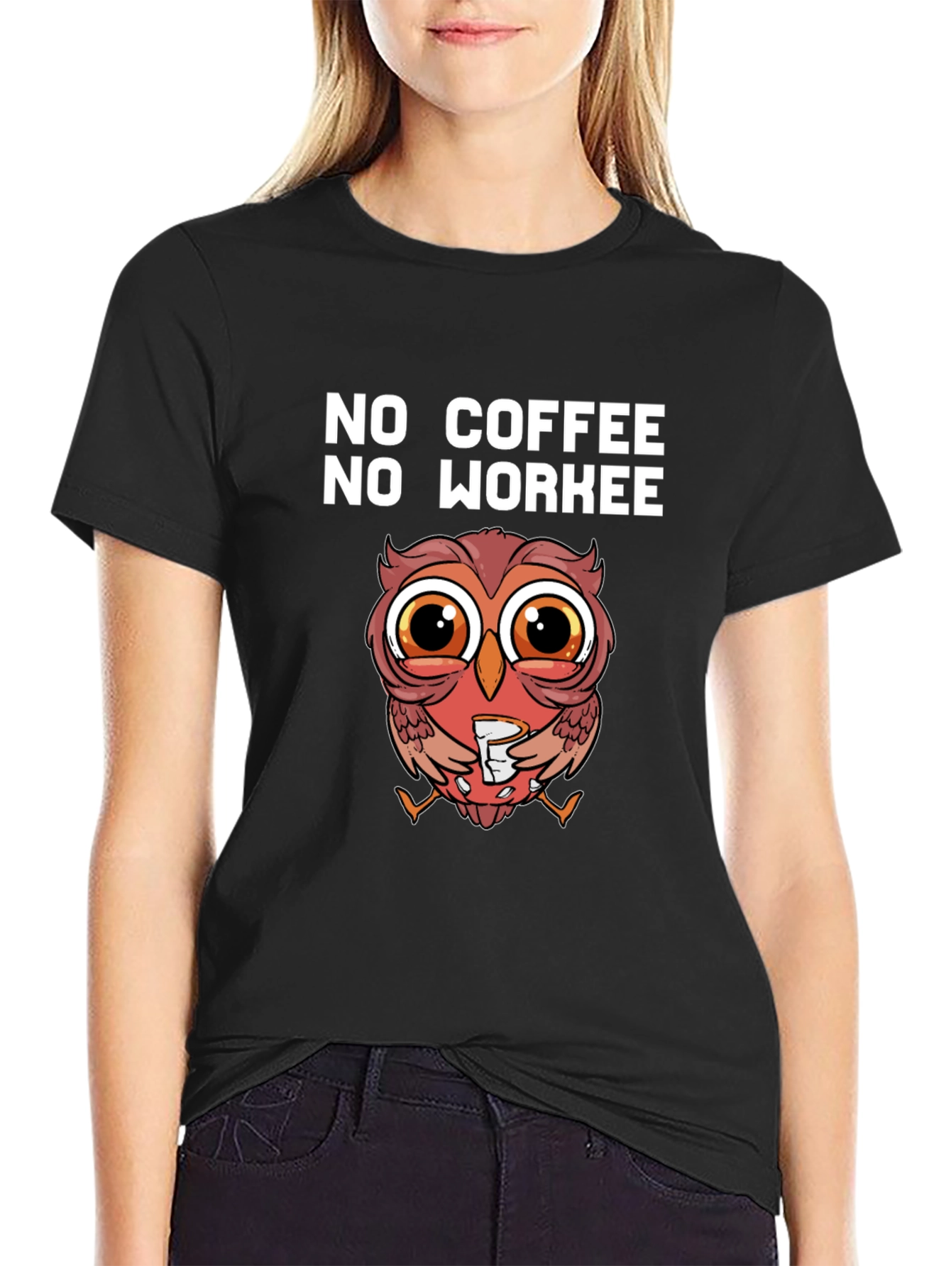 Black No Coffee No Workee Owl T-Shirt view 2
