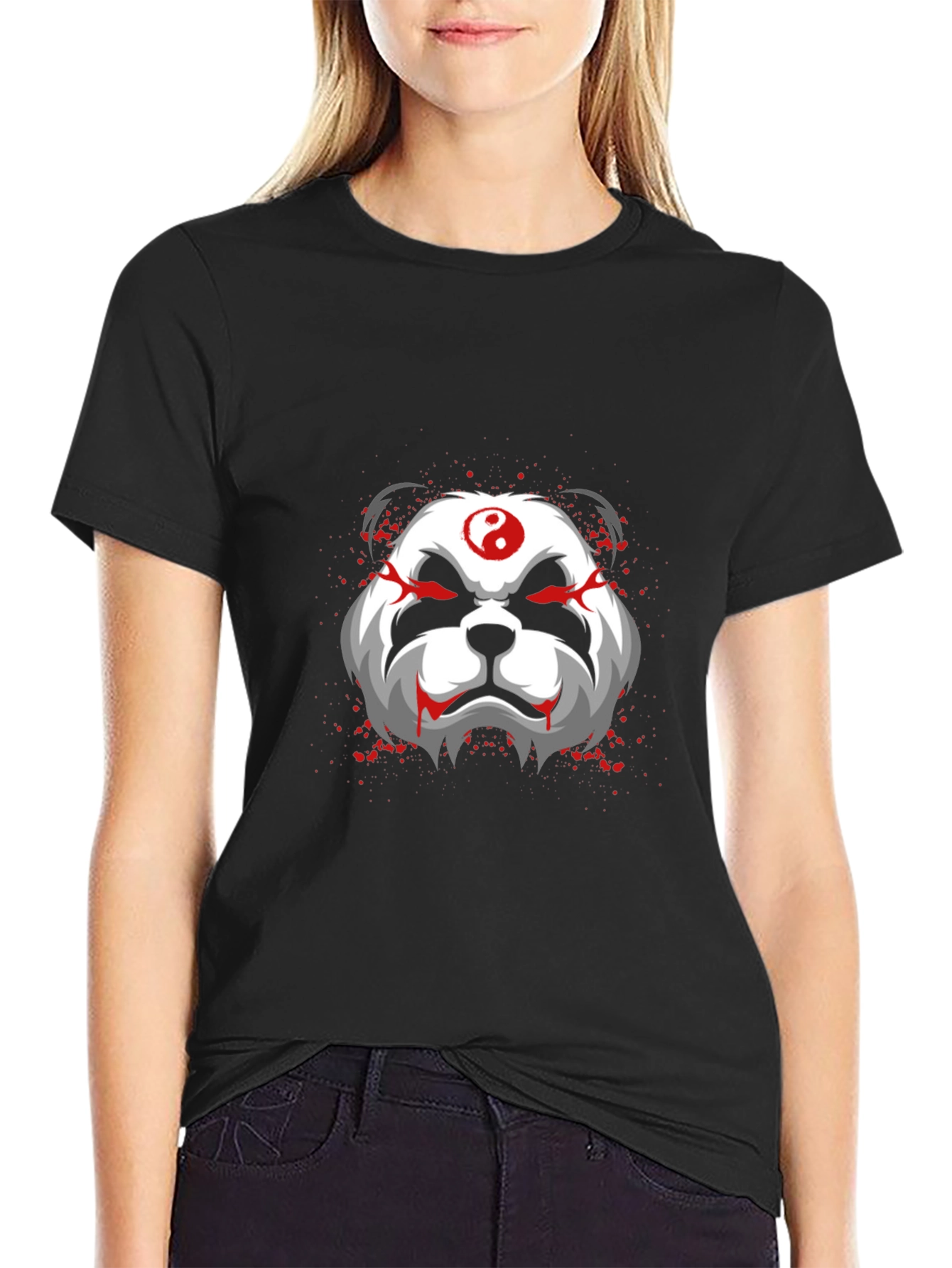 Black Evil Panda Graphic Print Black T-Shirt view 2