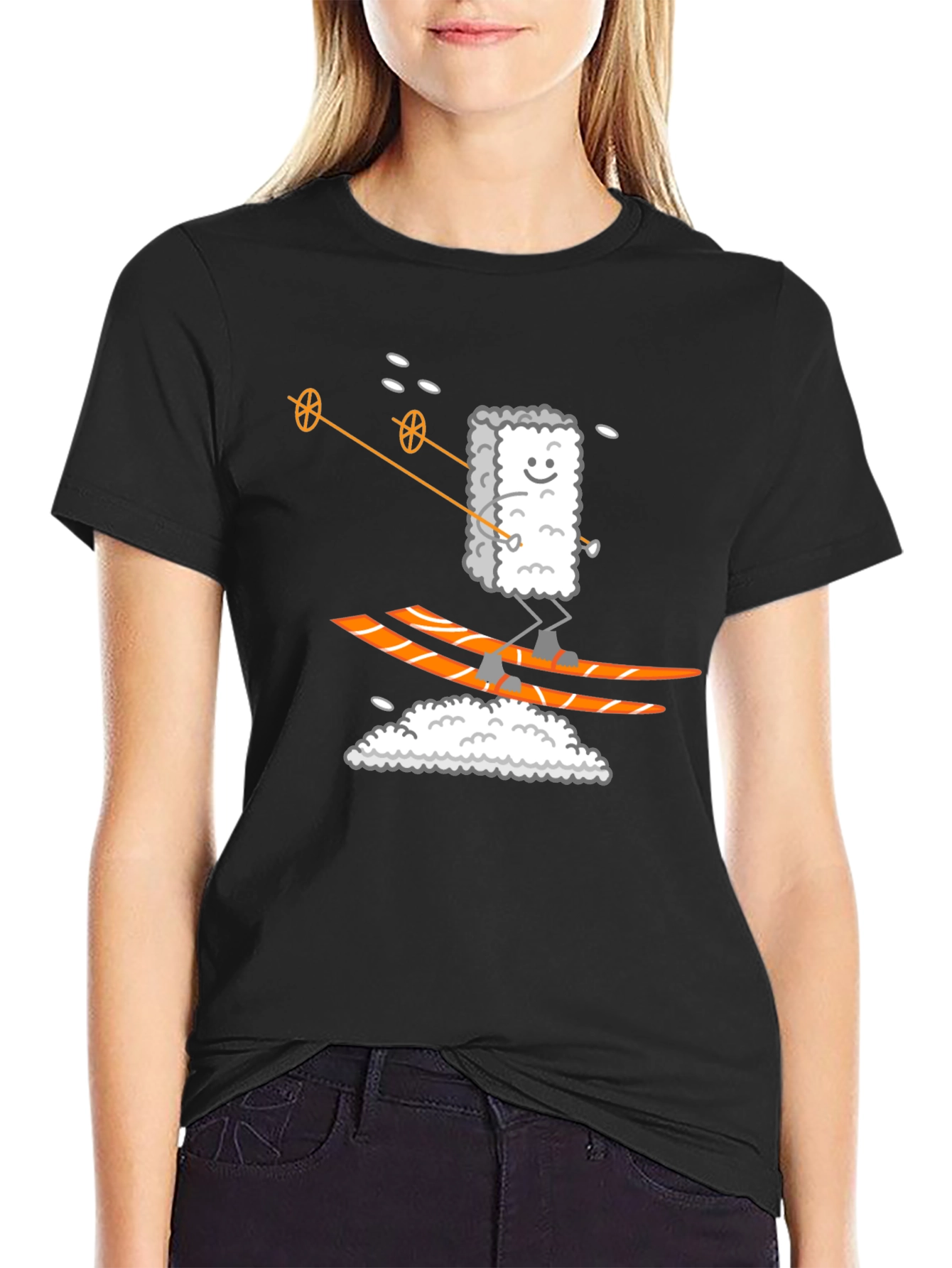 Black Sushi Skier Graphic Tee - Black Cotton T-Shirt view 2