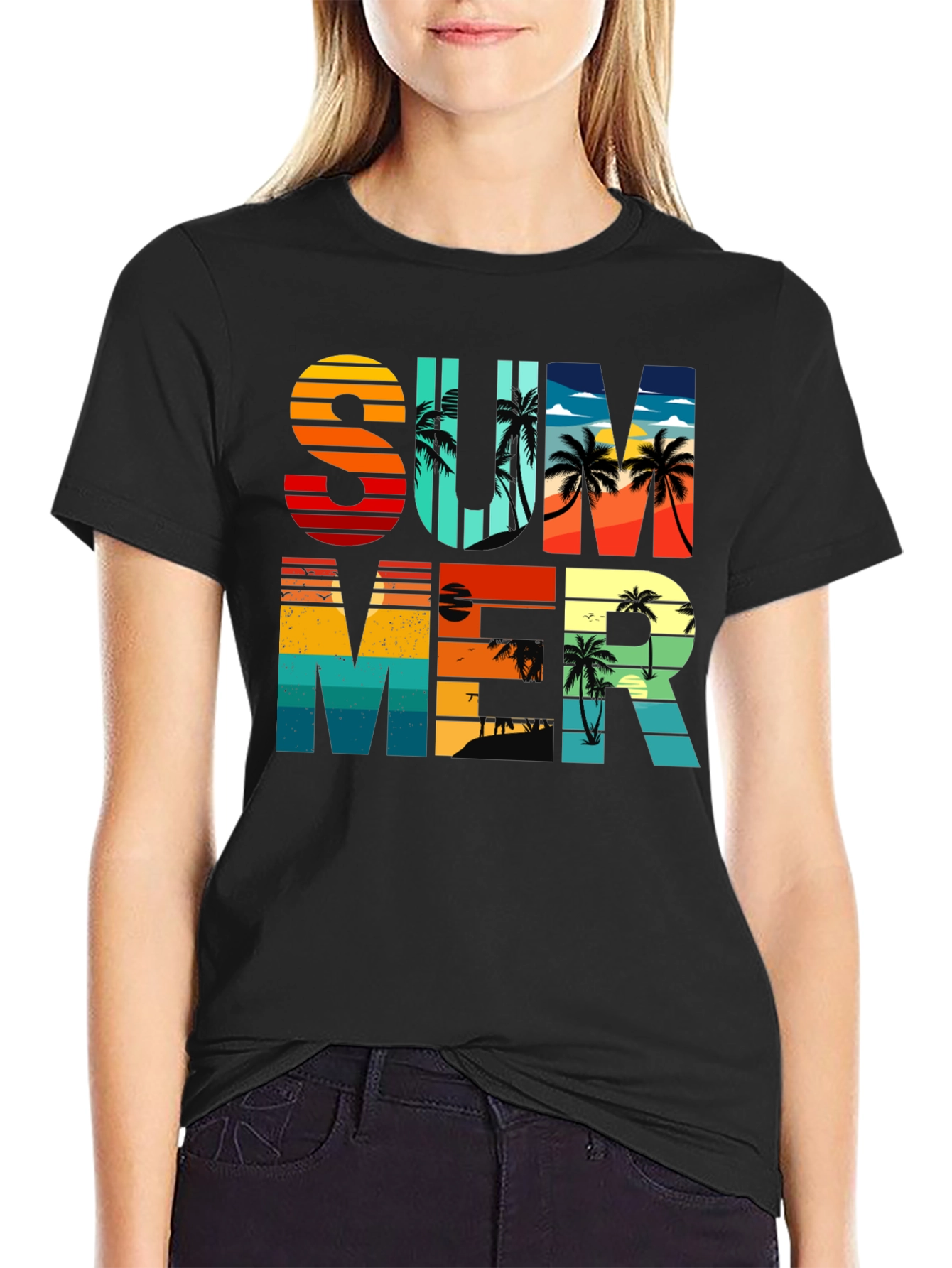 Black Summer Graphic T-Shirt - Retro Palm Tree Design view 2