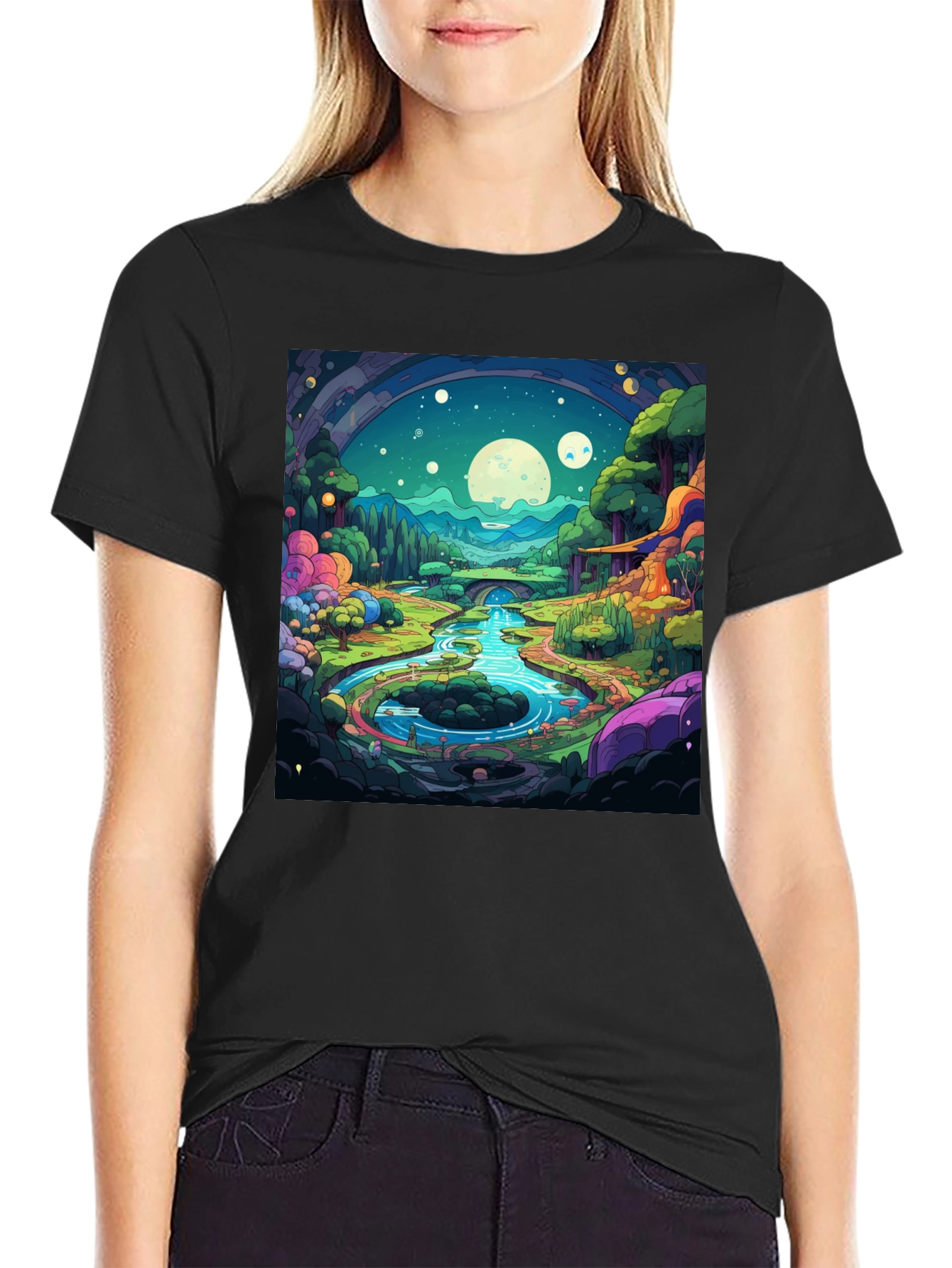 Black Cartoon Landscape Graphic Tee - Black view 2