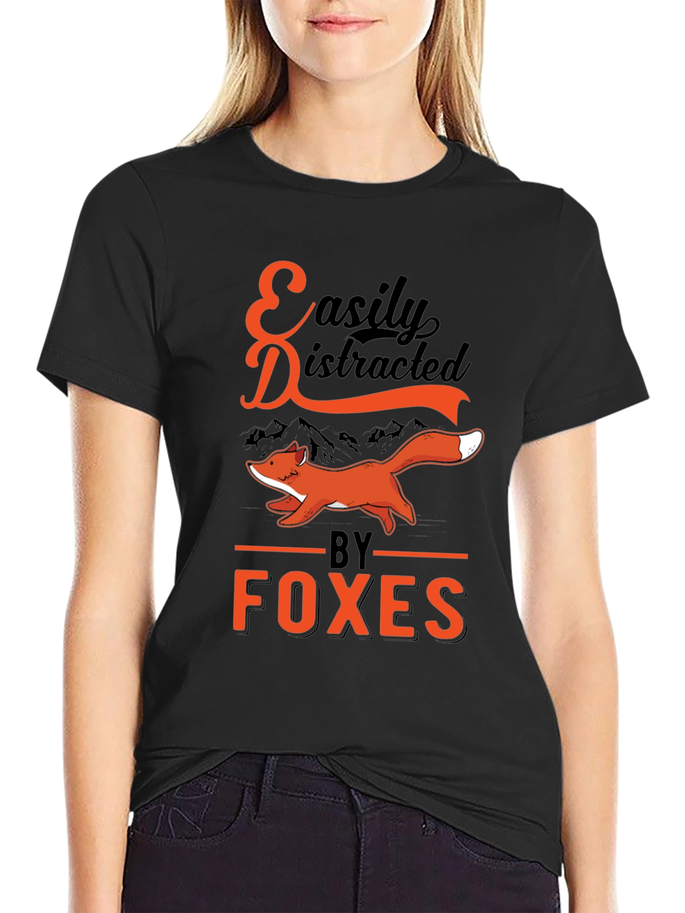 Black Easily Distracted by Foxes T-Shirt view 2