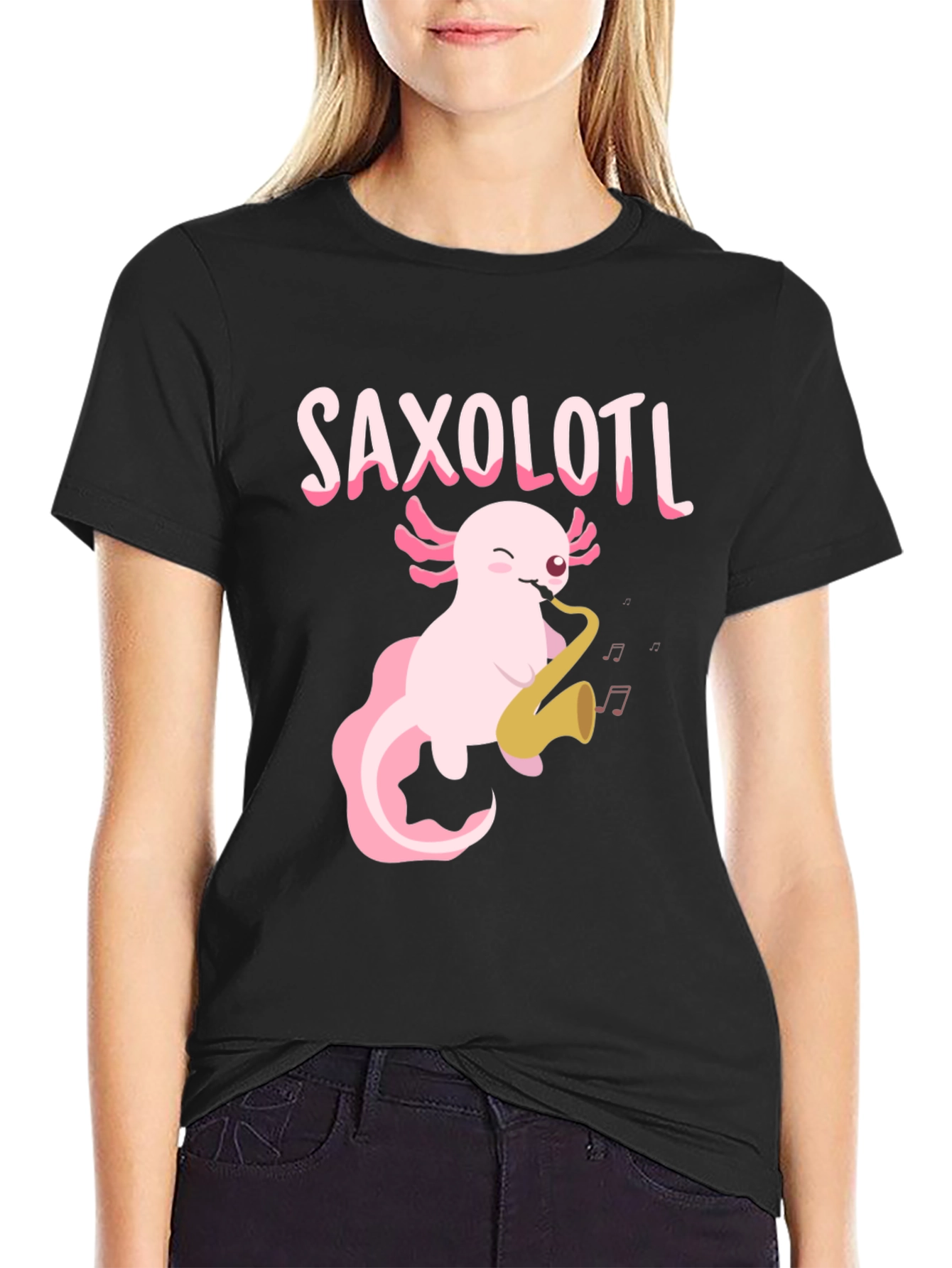 Black Saxolotl T-Shirt - Axolotl Playing Saxophone Tee view 2