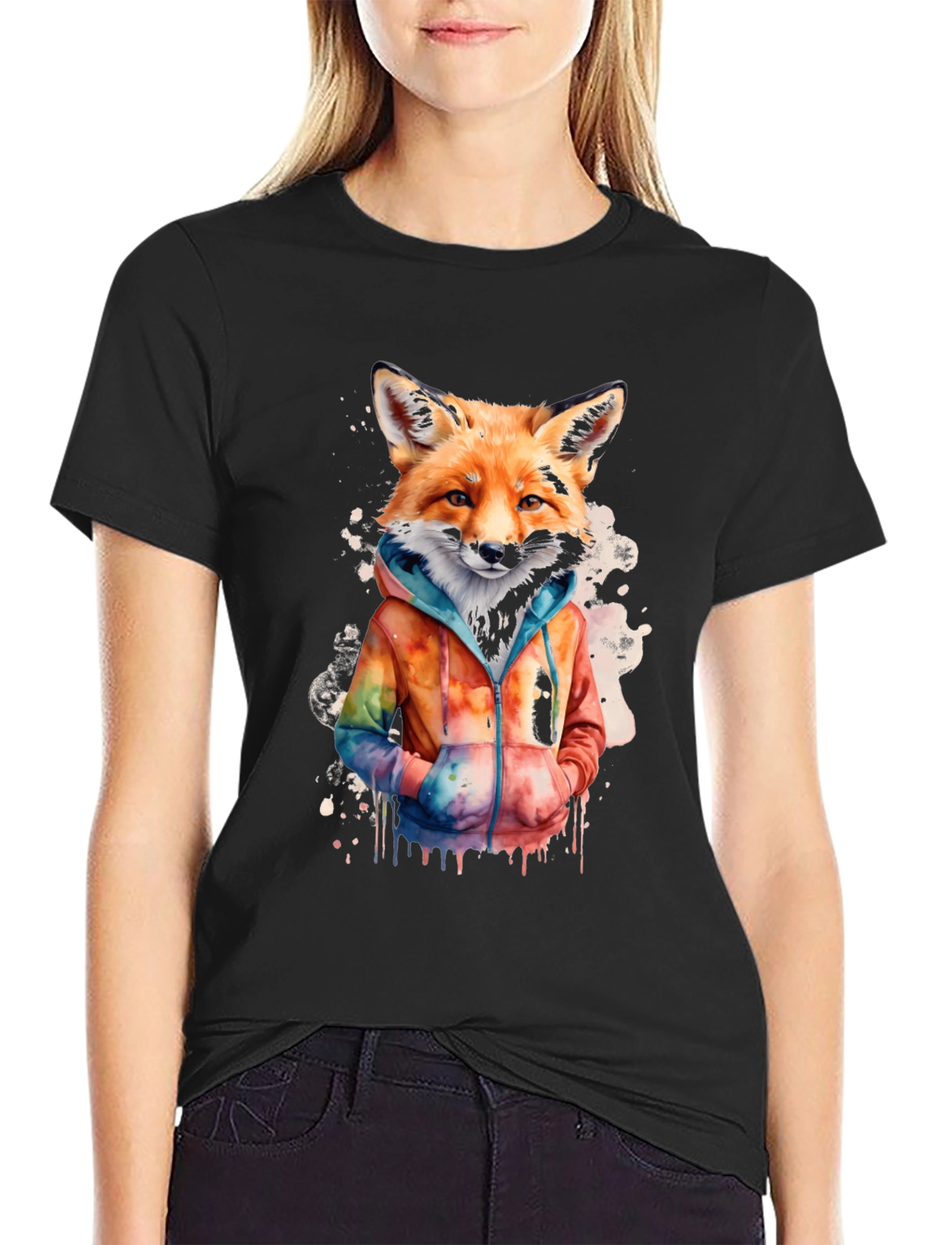 Black Fox Watercolor Graphic Tee - Urban Style view 2