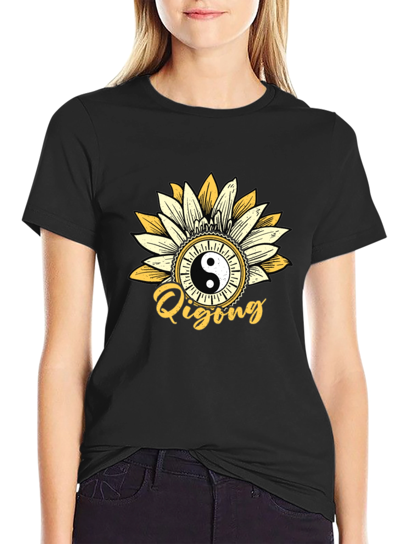 Black Yin Yang Qigong Sunflower Graphic Tee view 2