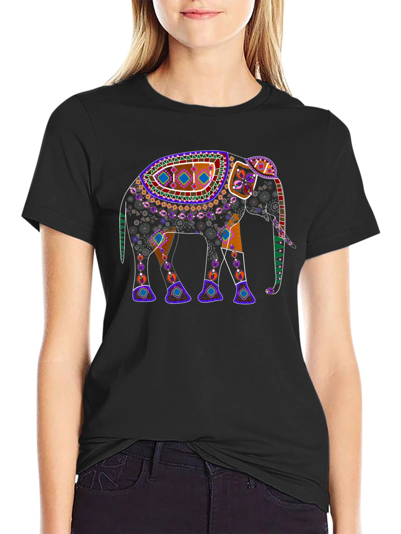 Black Elephant Print Crew Neck T-Shirt view 2