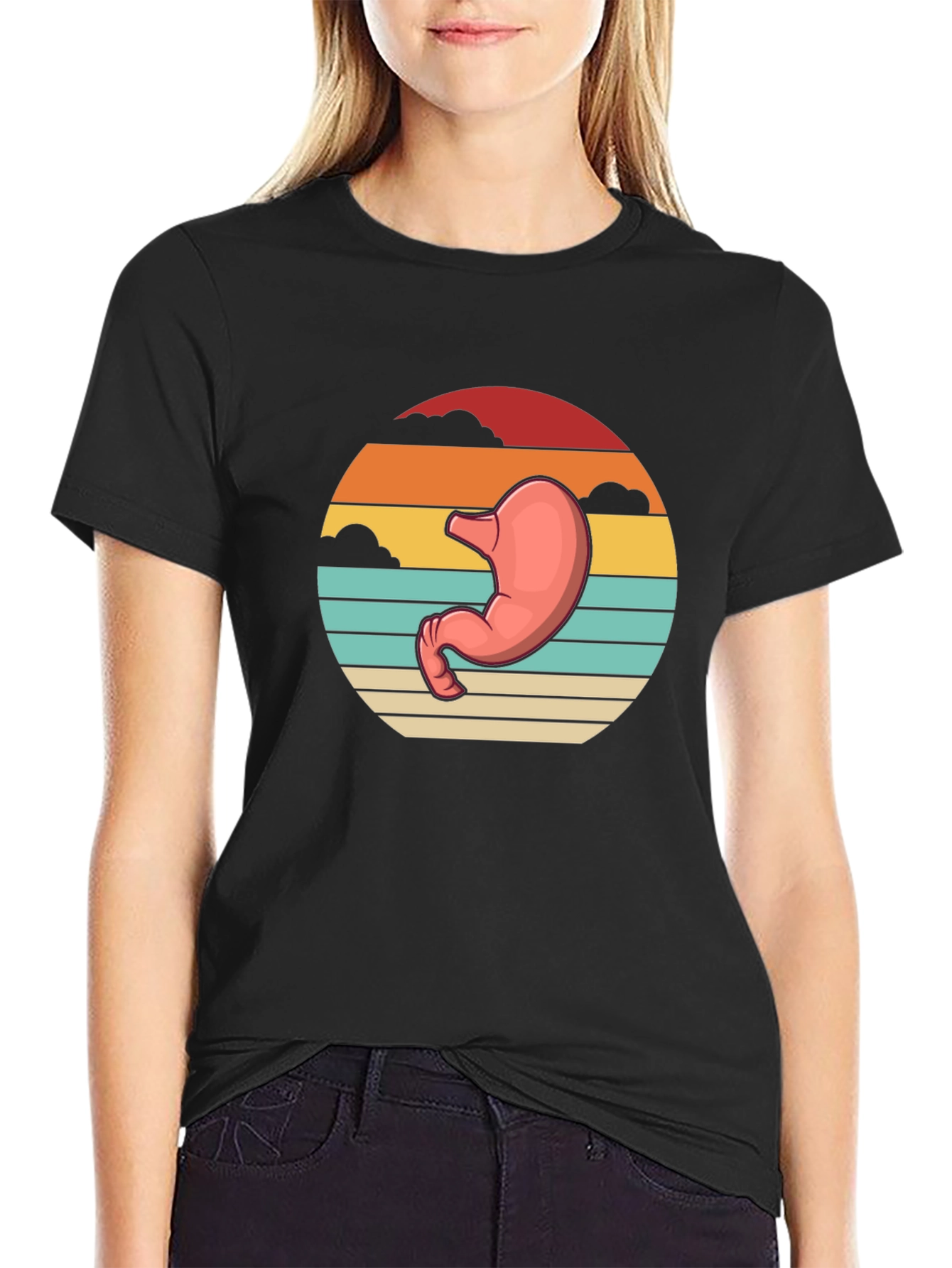Black Stomach Anatomy Black T-Shirt - Retro Sunset Graphic Tee view 2