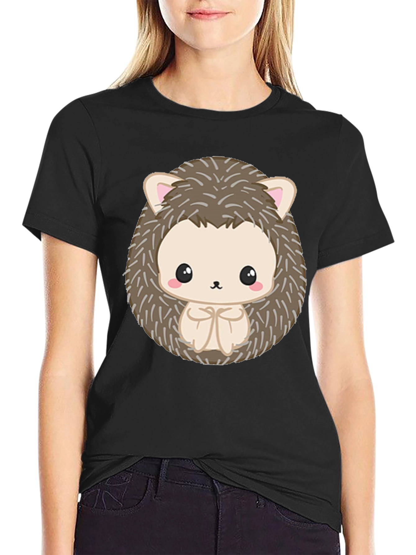 Black Cute Hedgehog Graphic Black T-Shirt view 2