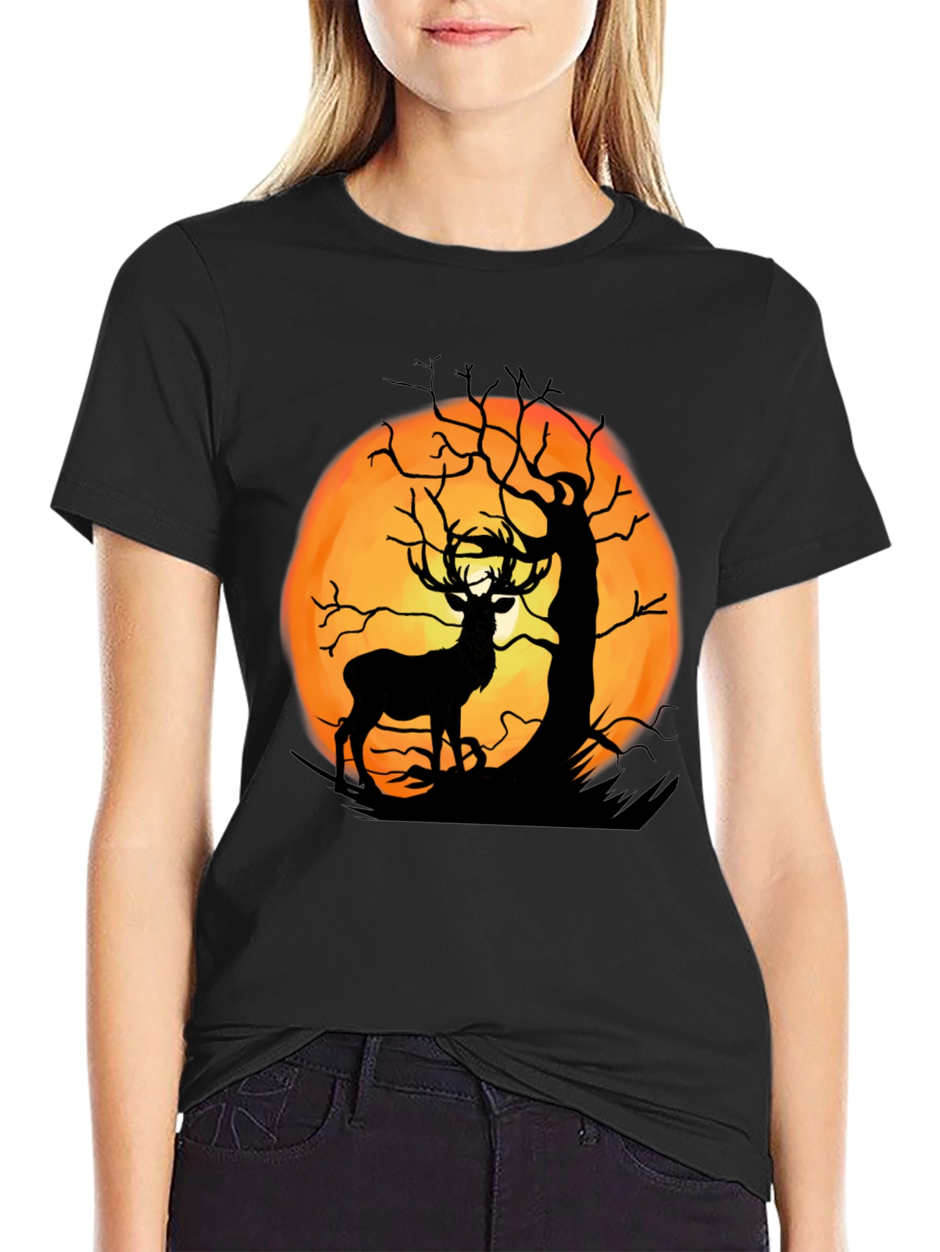 Black Deer Moon Silhouette Graphic Tee - Black Cotton view 2