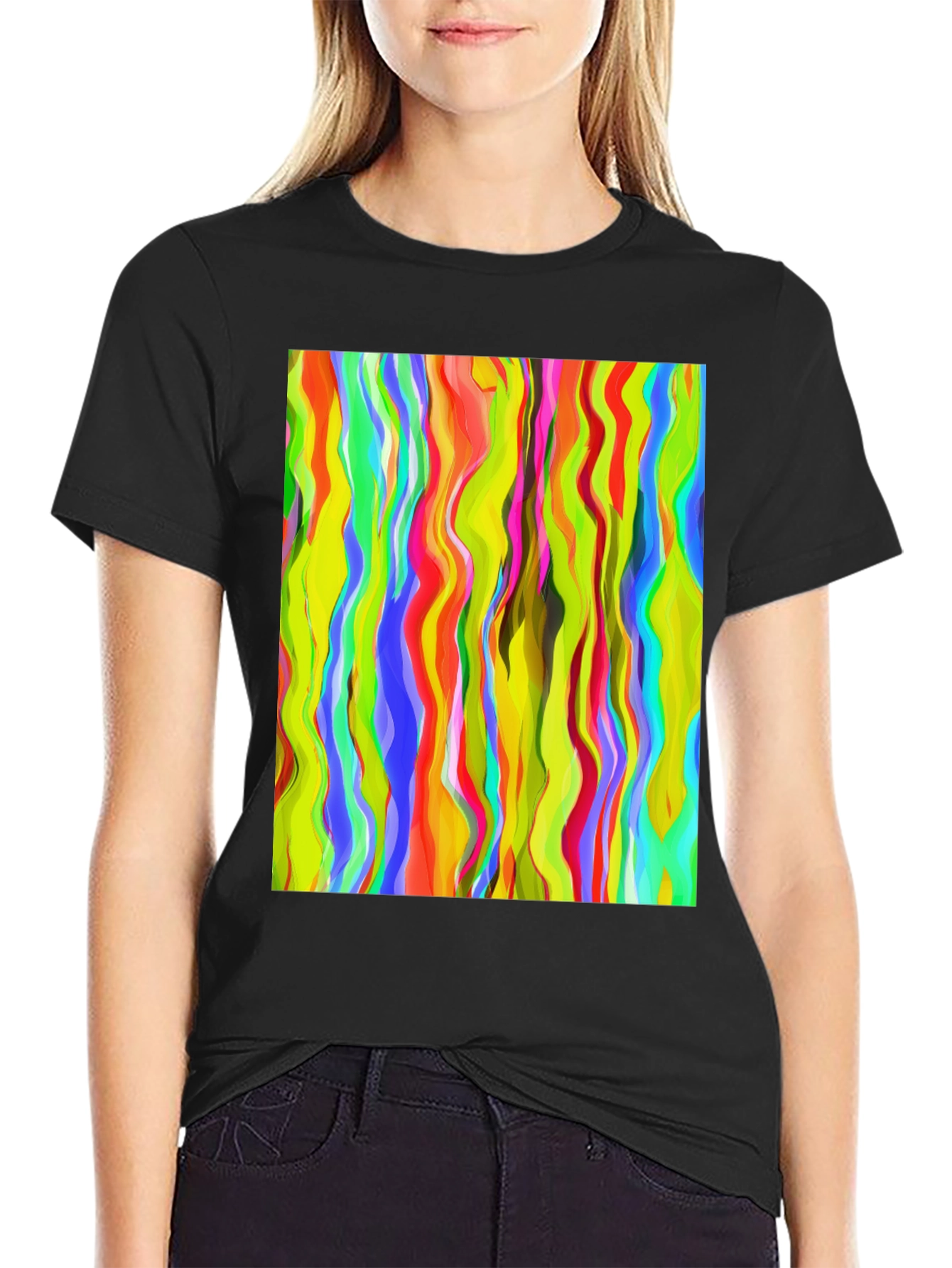 Black Vibrant Abstract Wave Print Black T-Shirt view 2