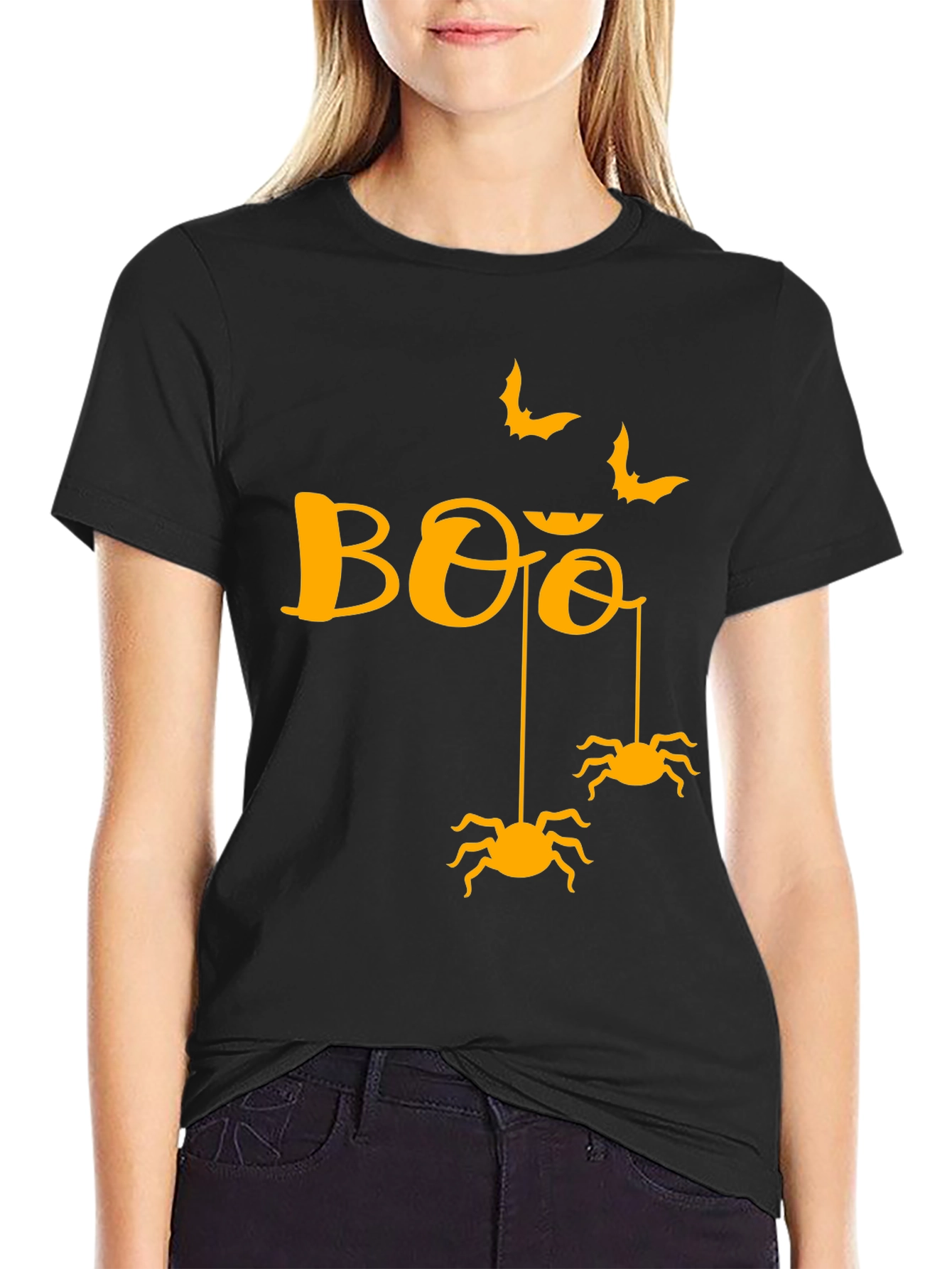 Black Halloween Boo Spiders & Bats Graphic Tee view 2
