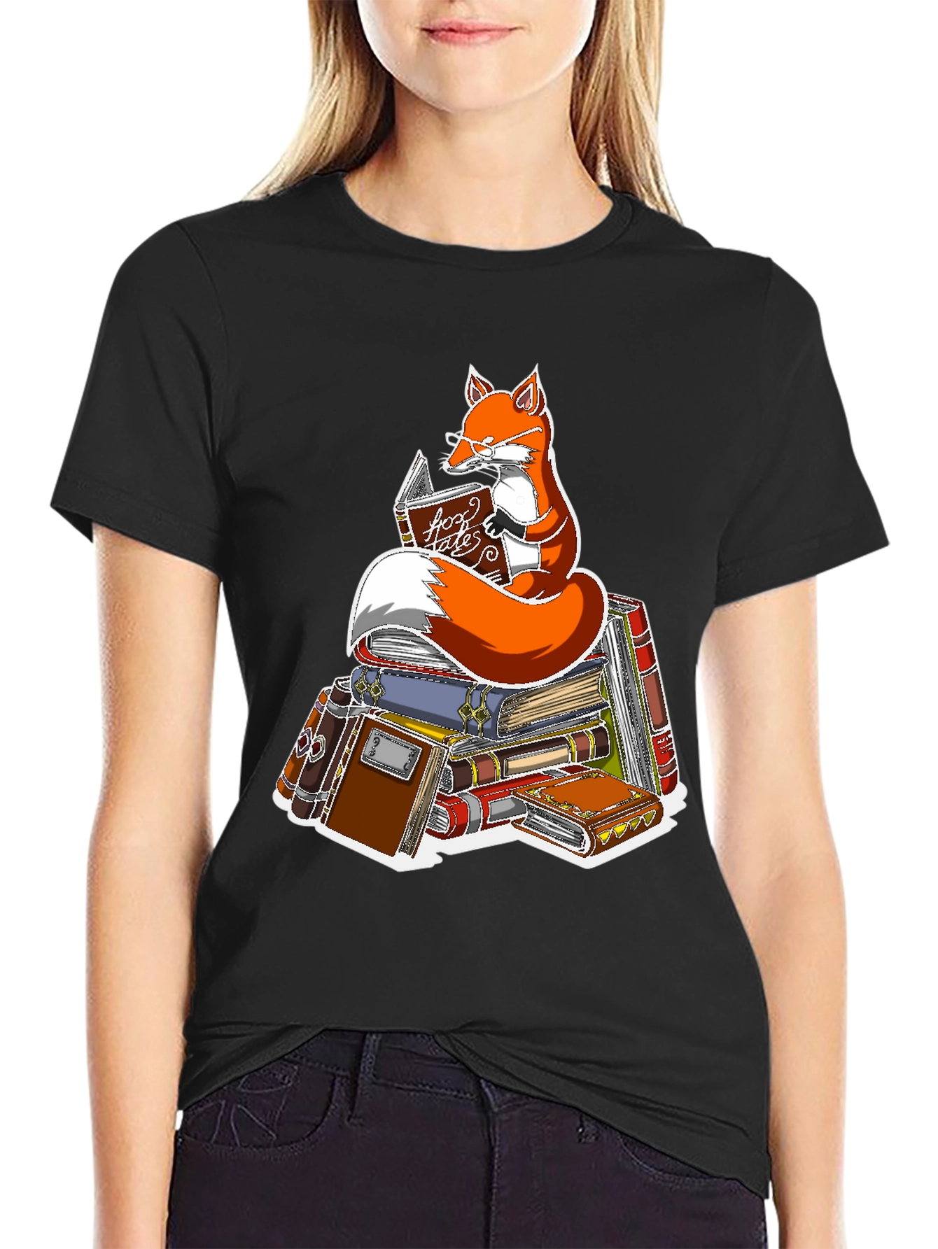 Black Fox Reading Book T-Shirt - Smart Animal Tee view 2