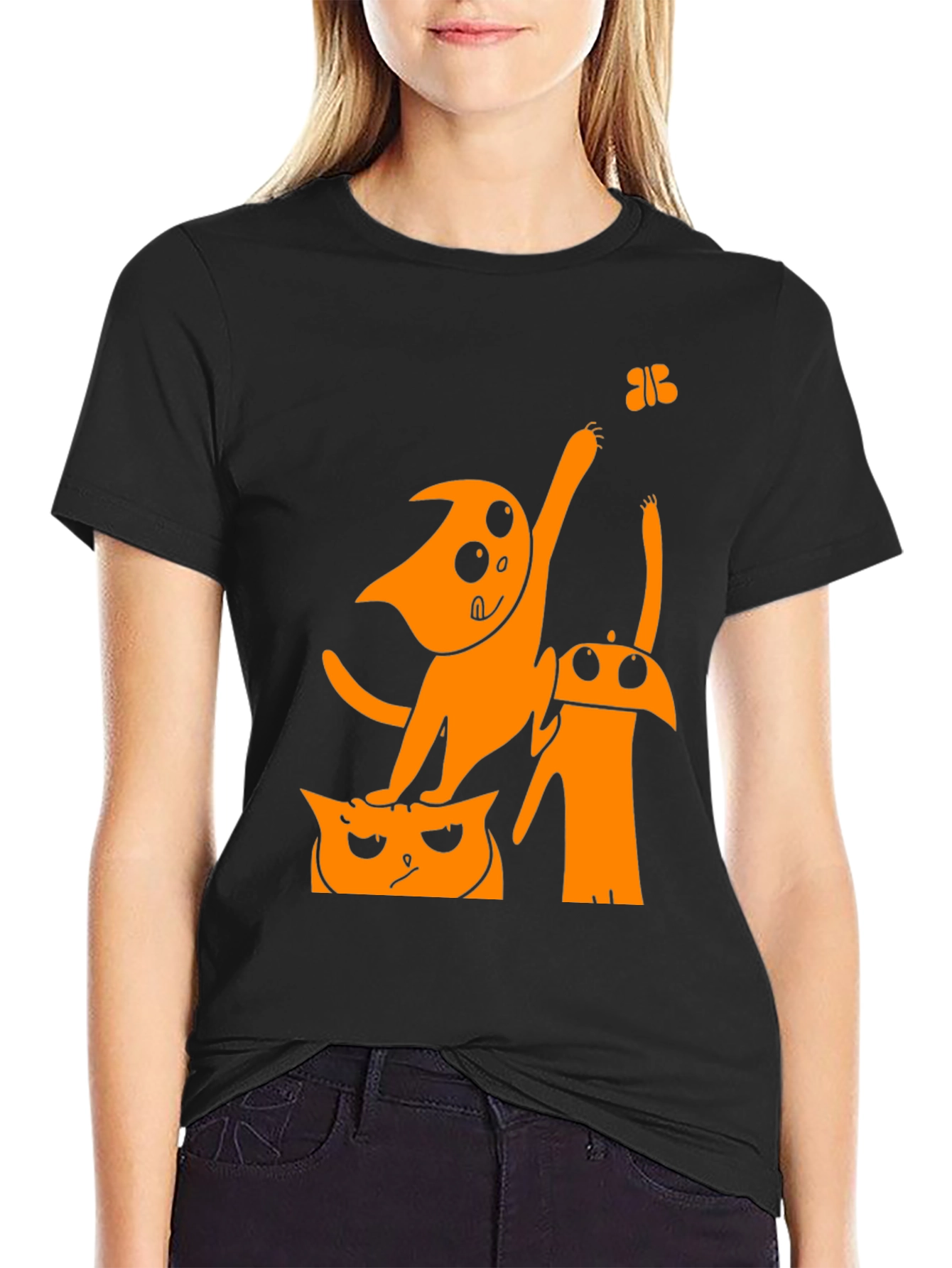 Black Funny Cartoon Cat Graphic T-Shirt view 2