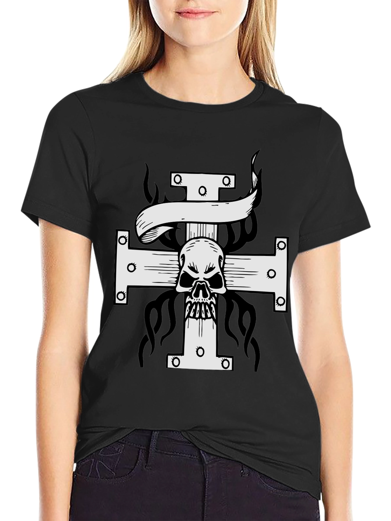 Black Skull Cross Graphic Tee - Black view 2