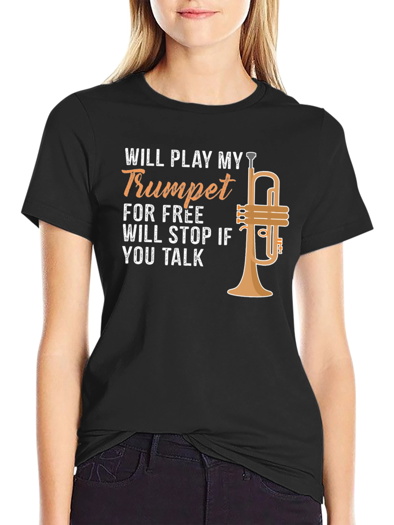 Black Trumpet Player T-Shirt - Will Play for Free! view 2