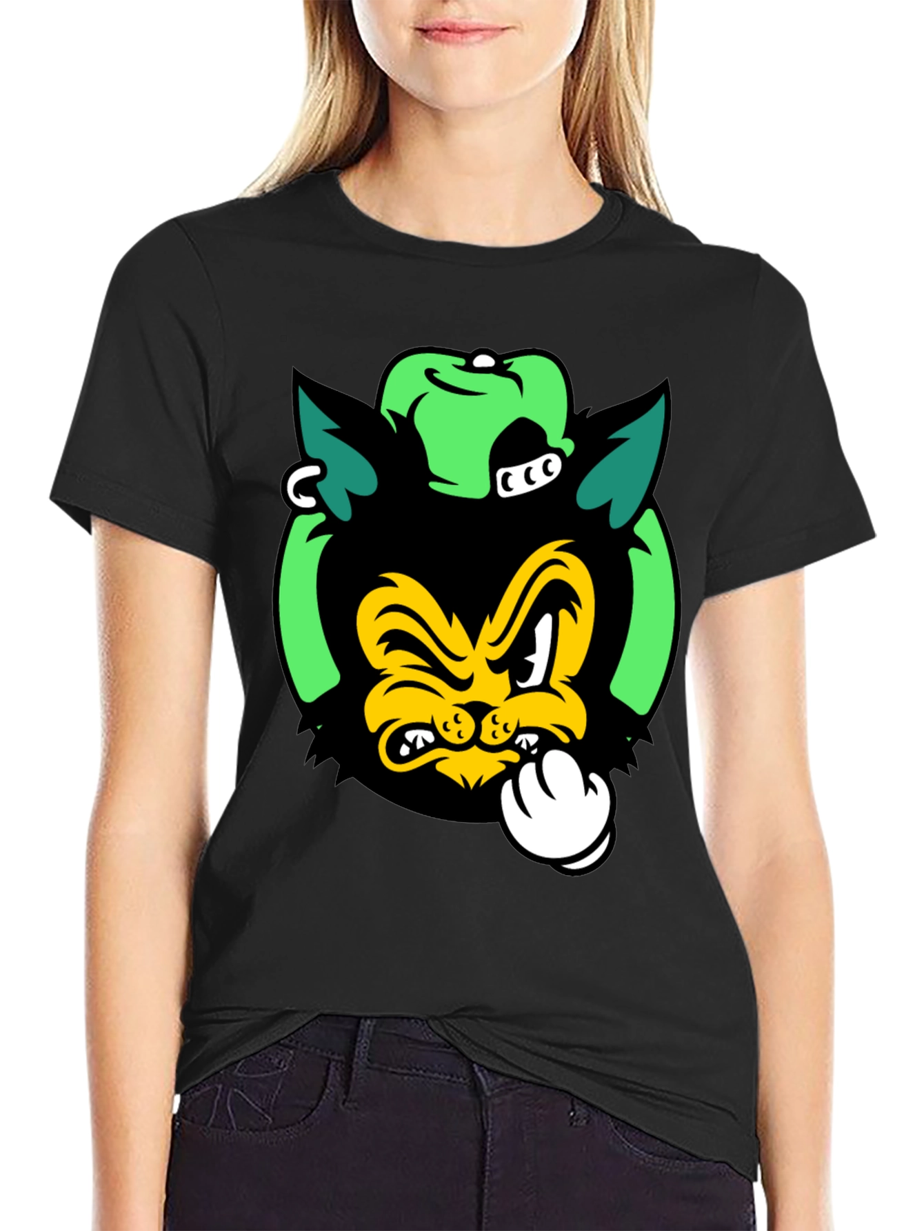 Black Cartoon Cat Graphic Print Black T-Shirt view 2