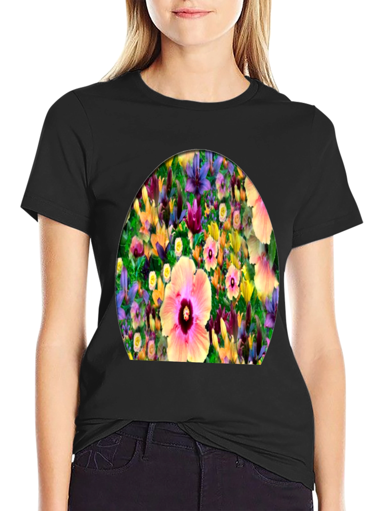 Black Floral Print Crew Neck T-Shirt view 2