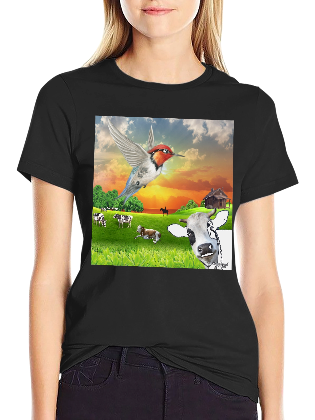 Black Hummingbird & Cow Farm T-Shirt - Unique Animal Design view 2