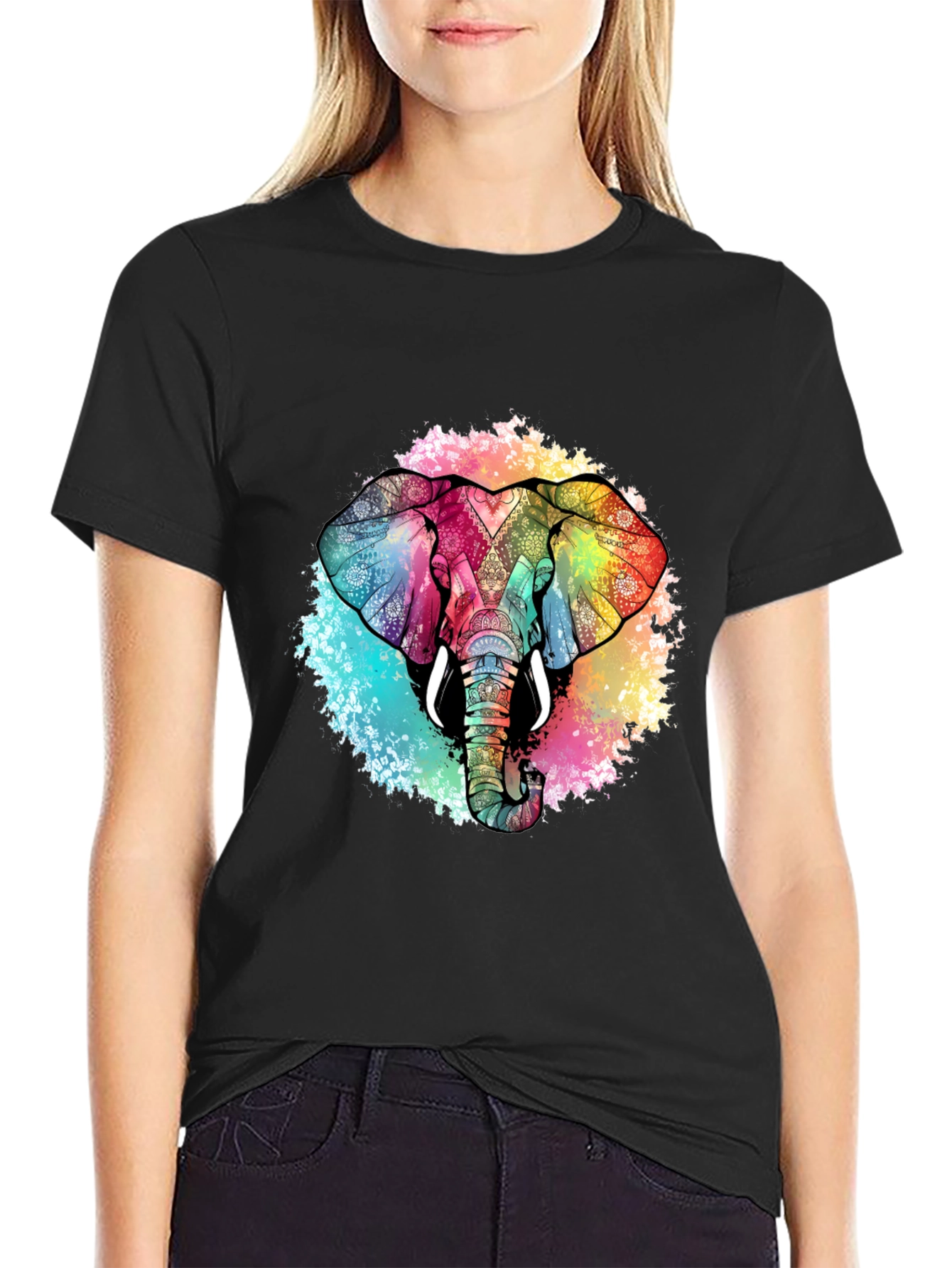 Black Colorful Elephant Graphic Tee - Unique Design view 2