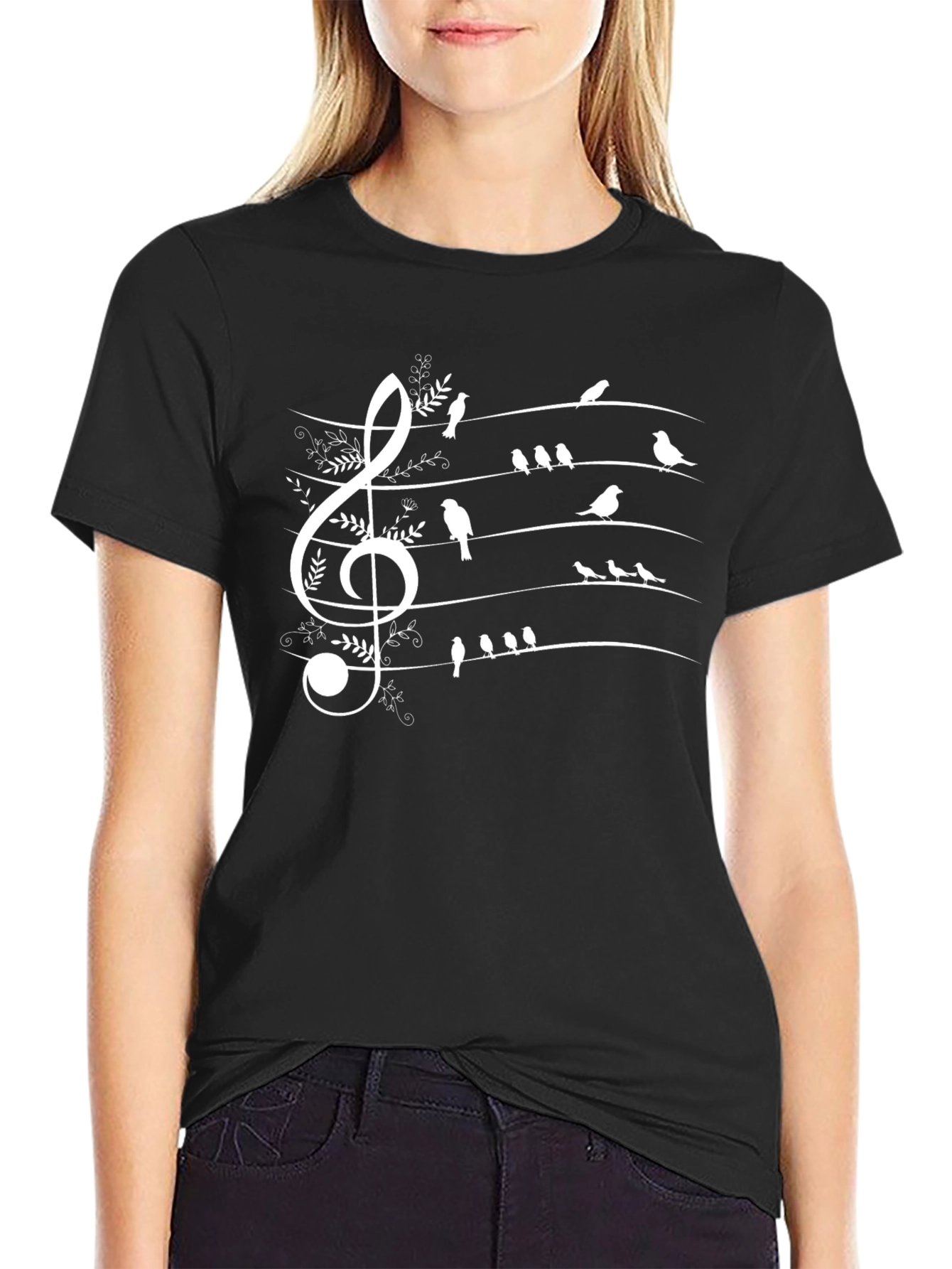 Black Musical Birds Staff Graphic T-Shirt - Black view 2