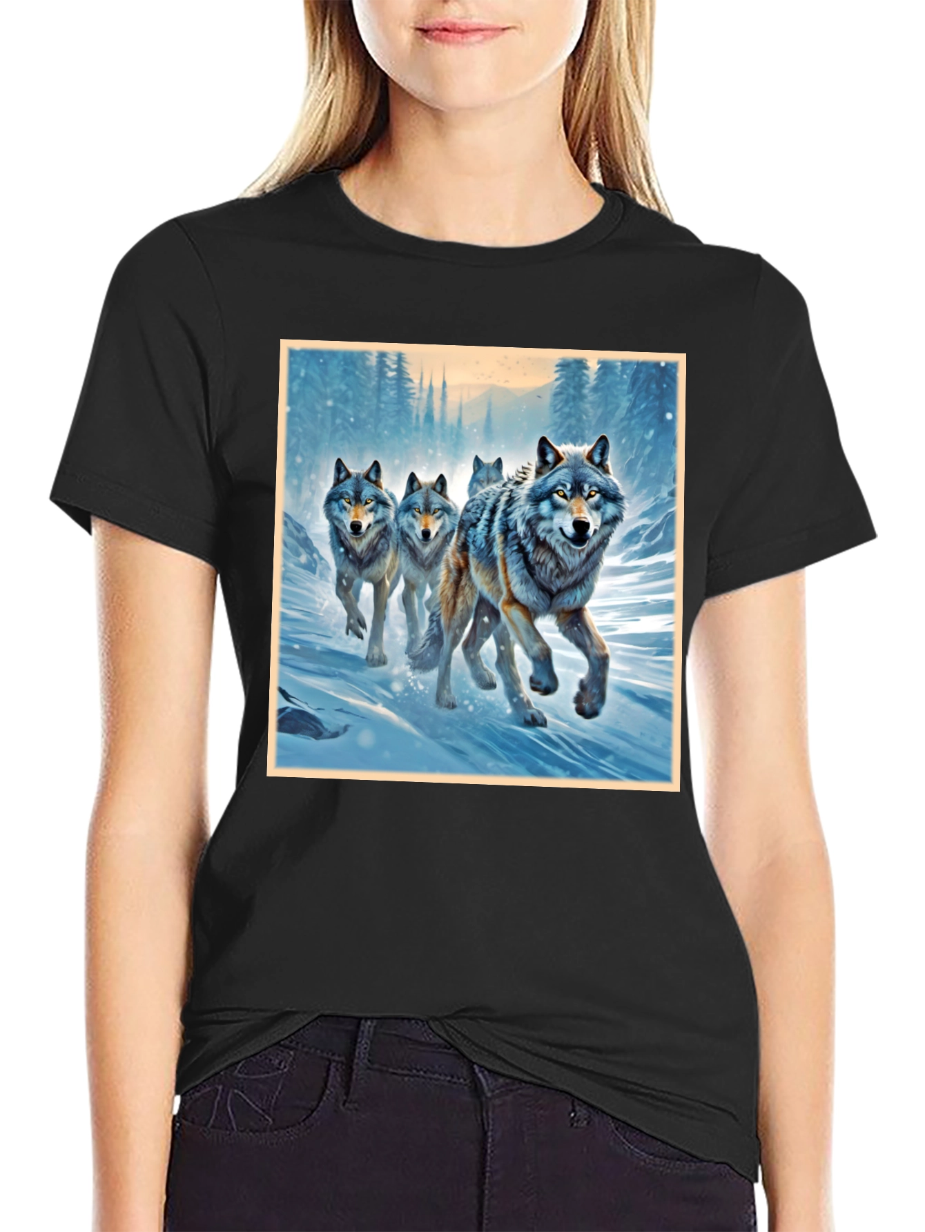 Black Wolf Pack Graphic Tee - Black Cotton Blend Shirt view 2