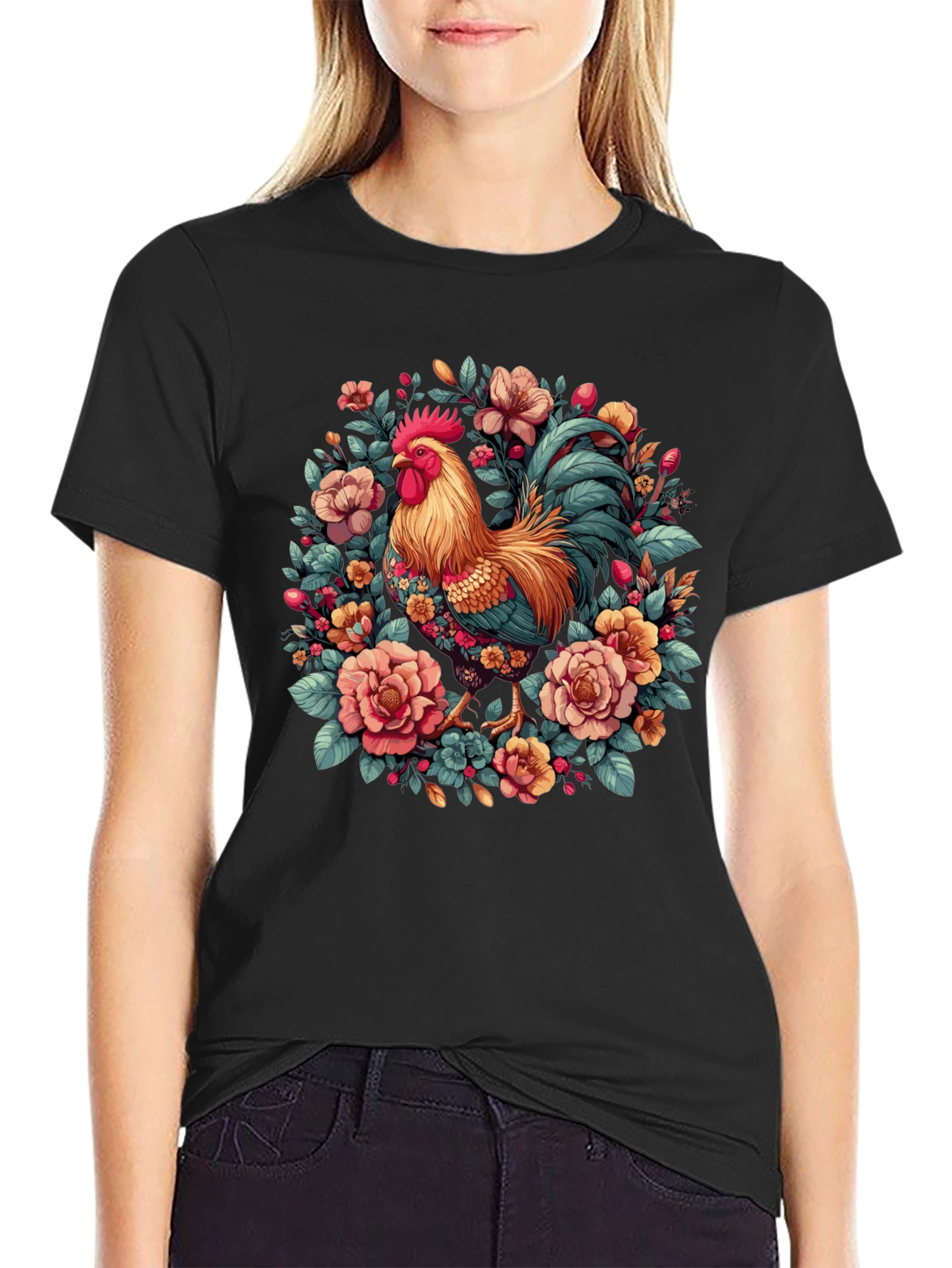Black Floral Rooster Graphic T-Shirt view 2