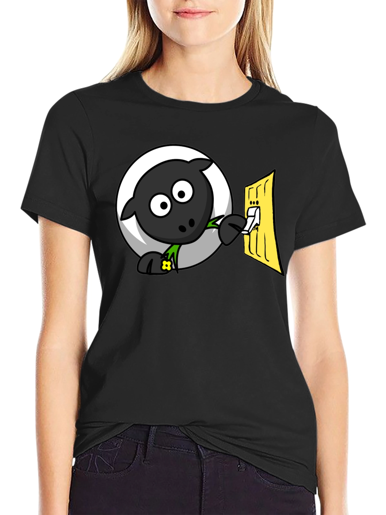 Black Funny Cartoon Sheep Turning on Light T-Shirt view 2