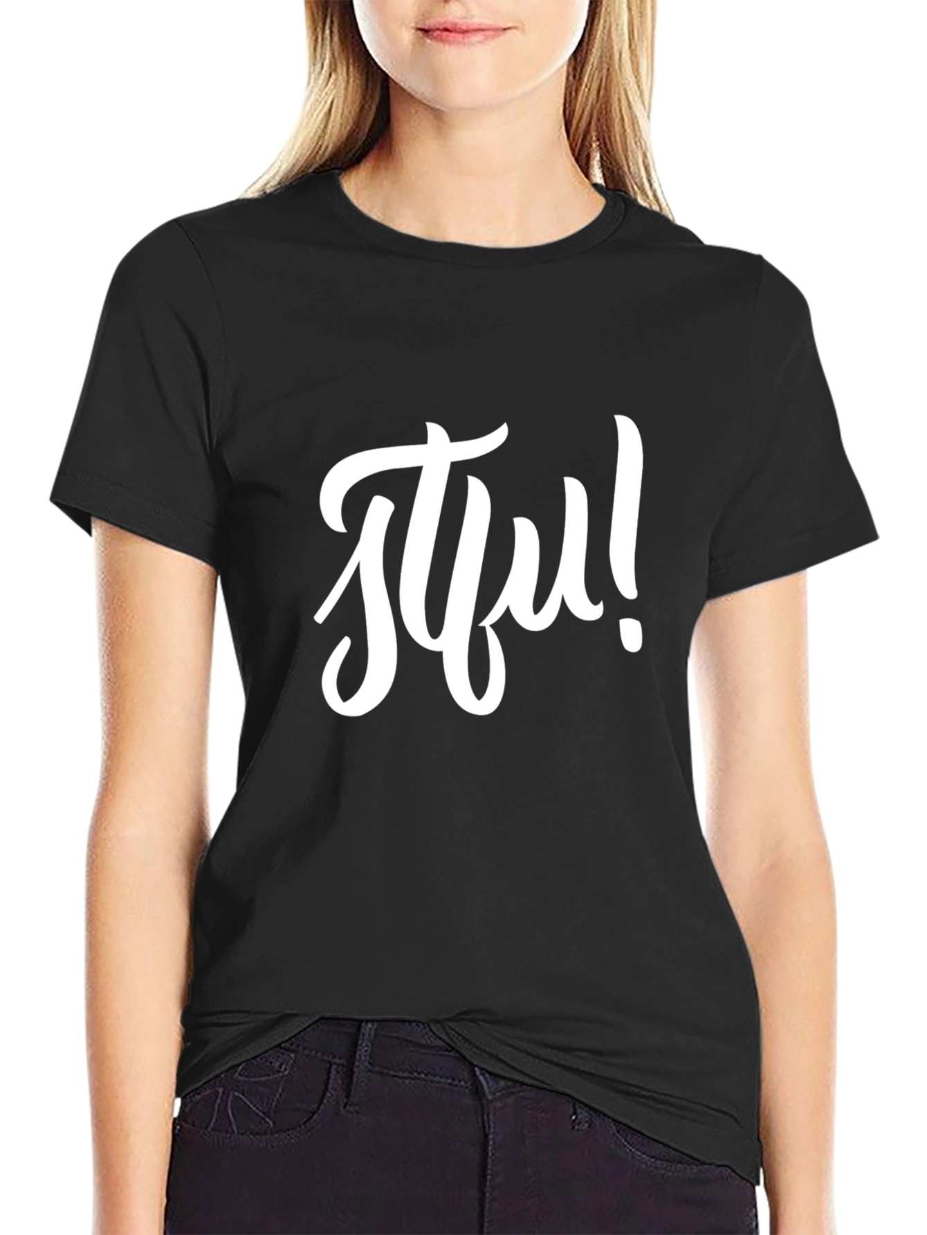Black STFU Graphic Tee - Black Crew Neck T-Shirt view 2