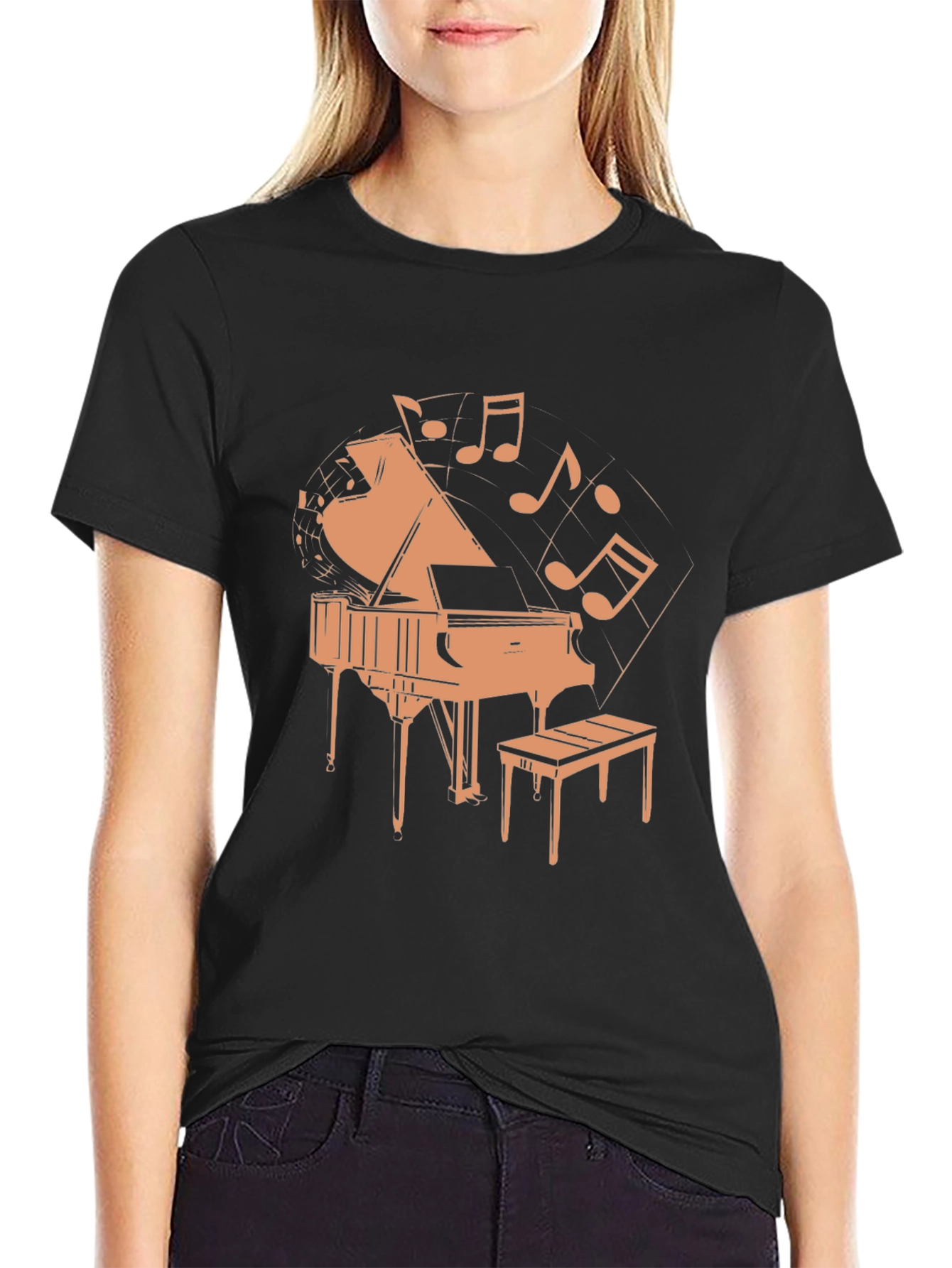 Black Piano and Music Notes Graphic T-Shirt view 2