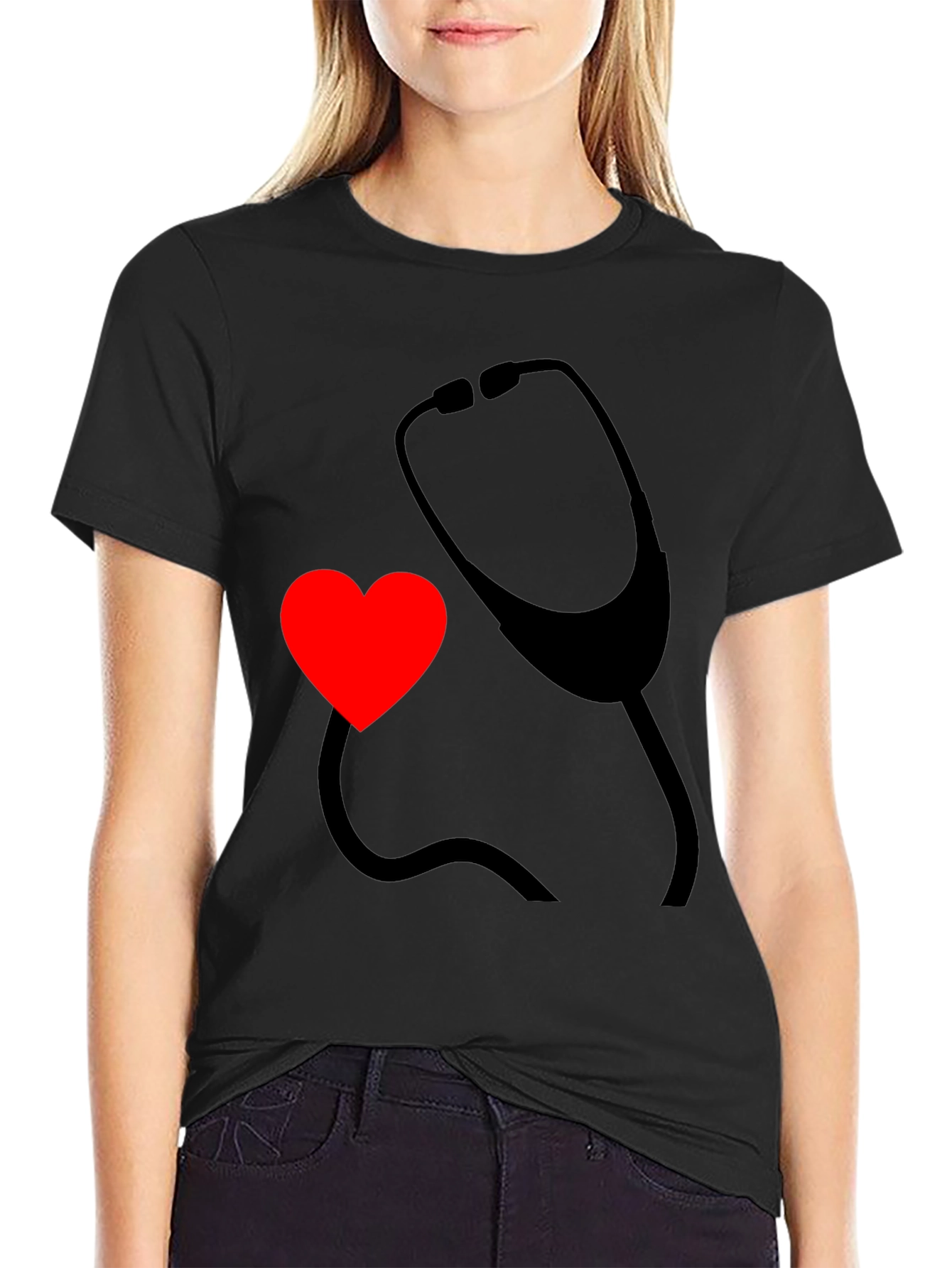 Black Heart & Stethoscope Black Graphic Tee - Doctor Love view 2