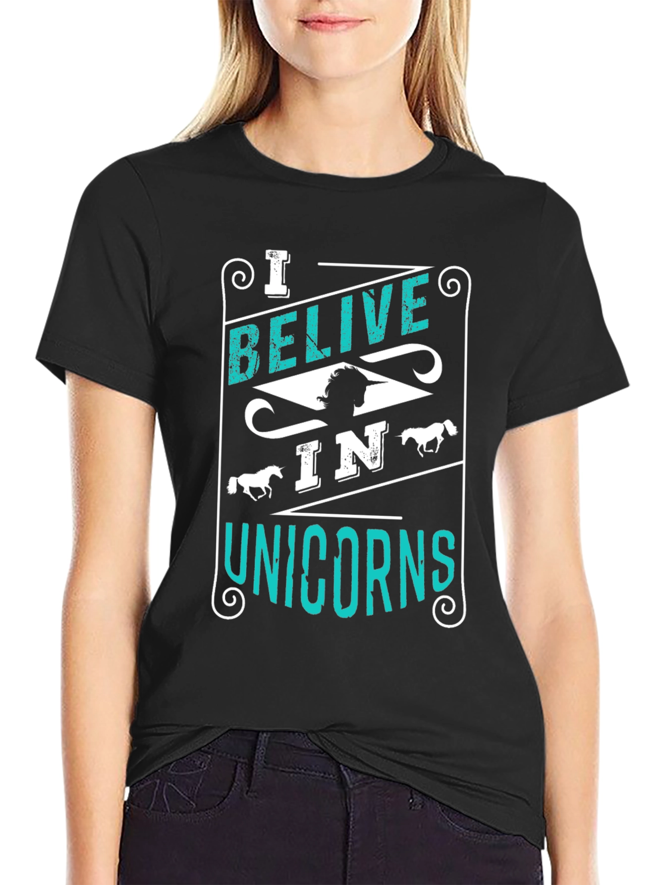 Black Believe in Unicorns Graphic Tee - Black Cotton Shirt view 2
