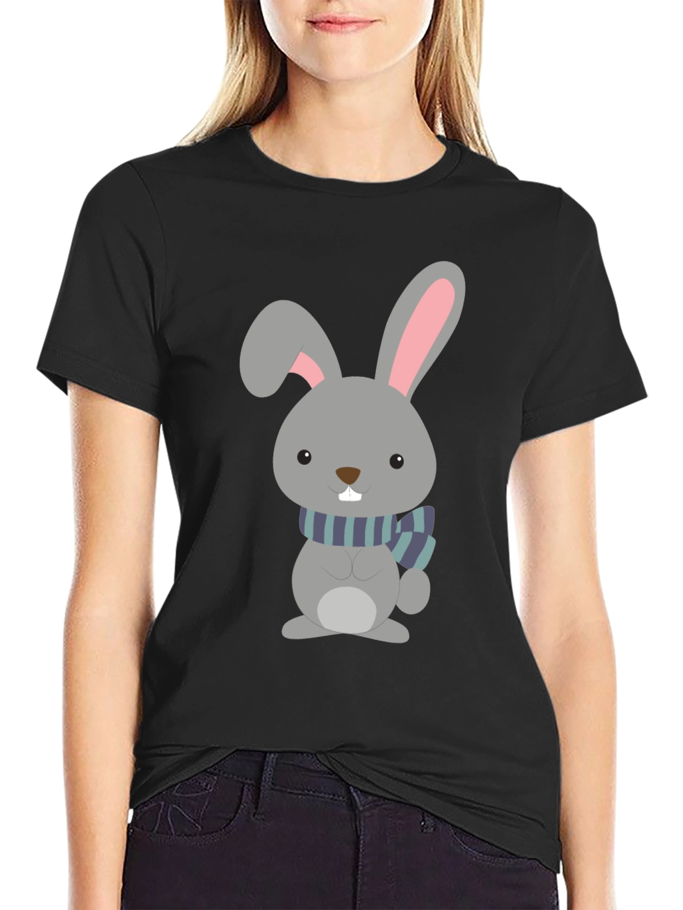 Cute Cartoon Rabbit Graphic Tee - Unisex Black T-Shirt - 2